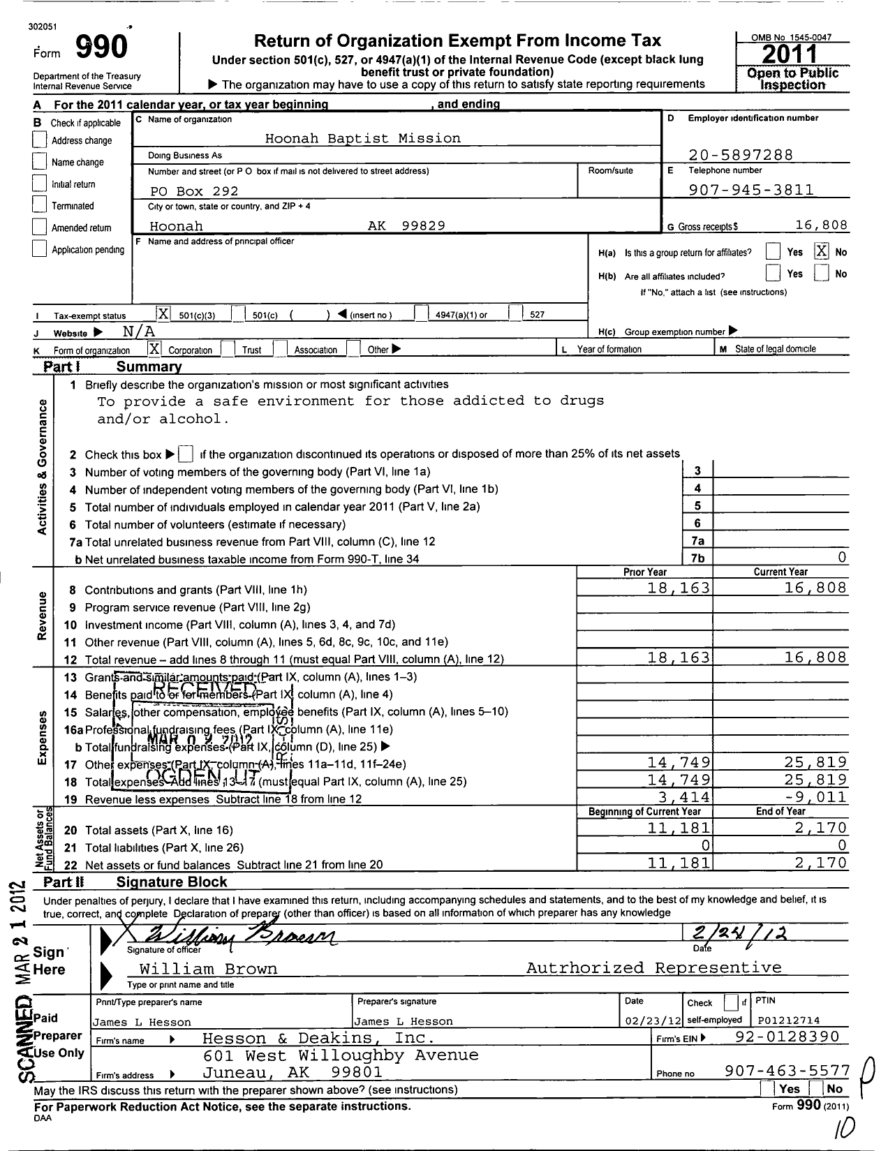 Image of first page of 2011 Form 990 for Hoonah Baptist Mission