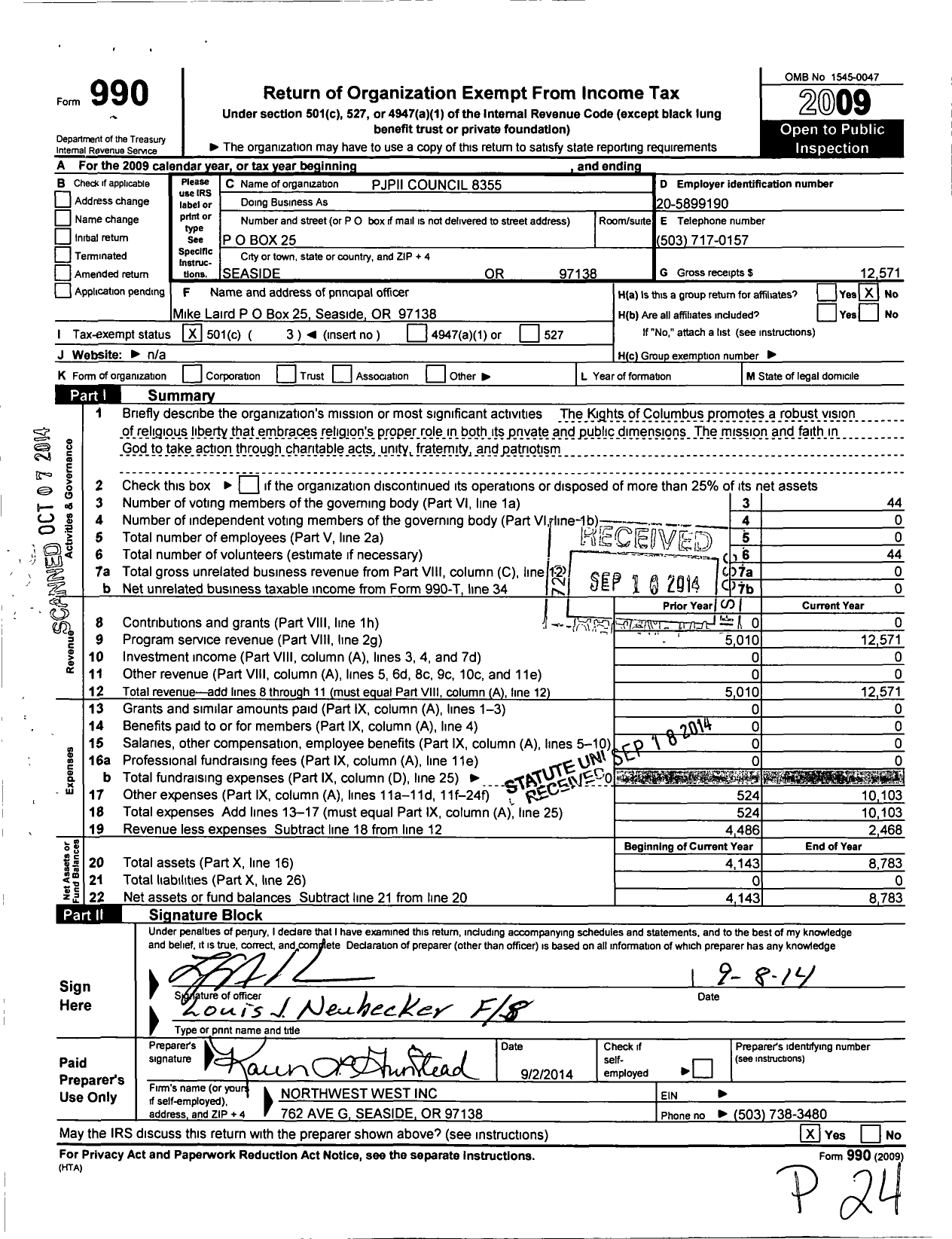 Image of first page of 2009 Form 990 for Knights of Columbus - 8355 Pope John Paul Ii Council