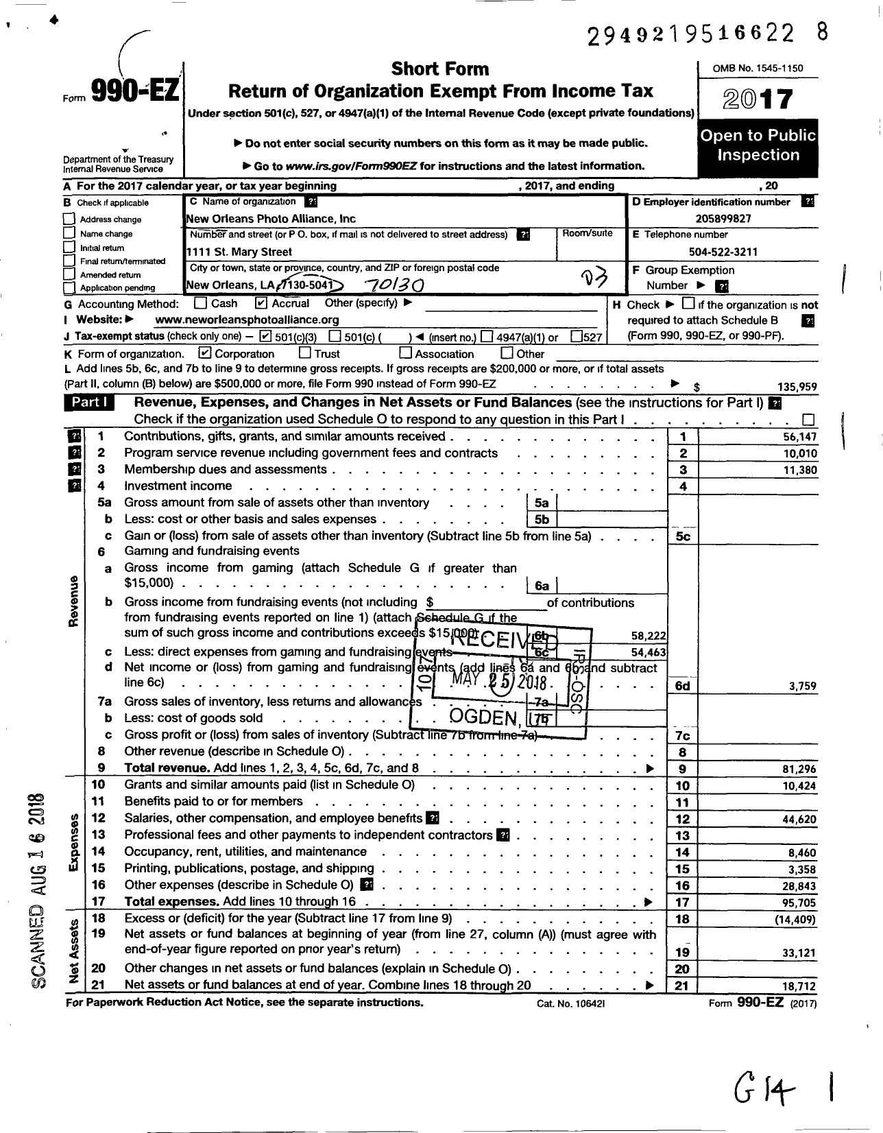 Image of first page of 2017 Form 990EZ for New Orleans Photo Alliance