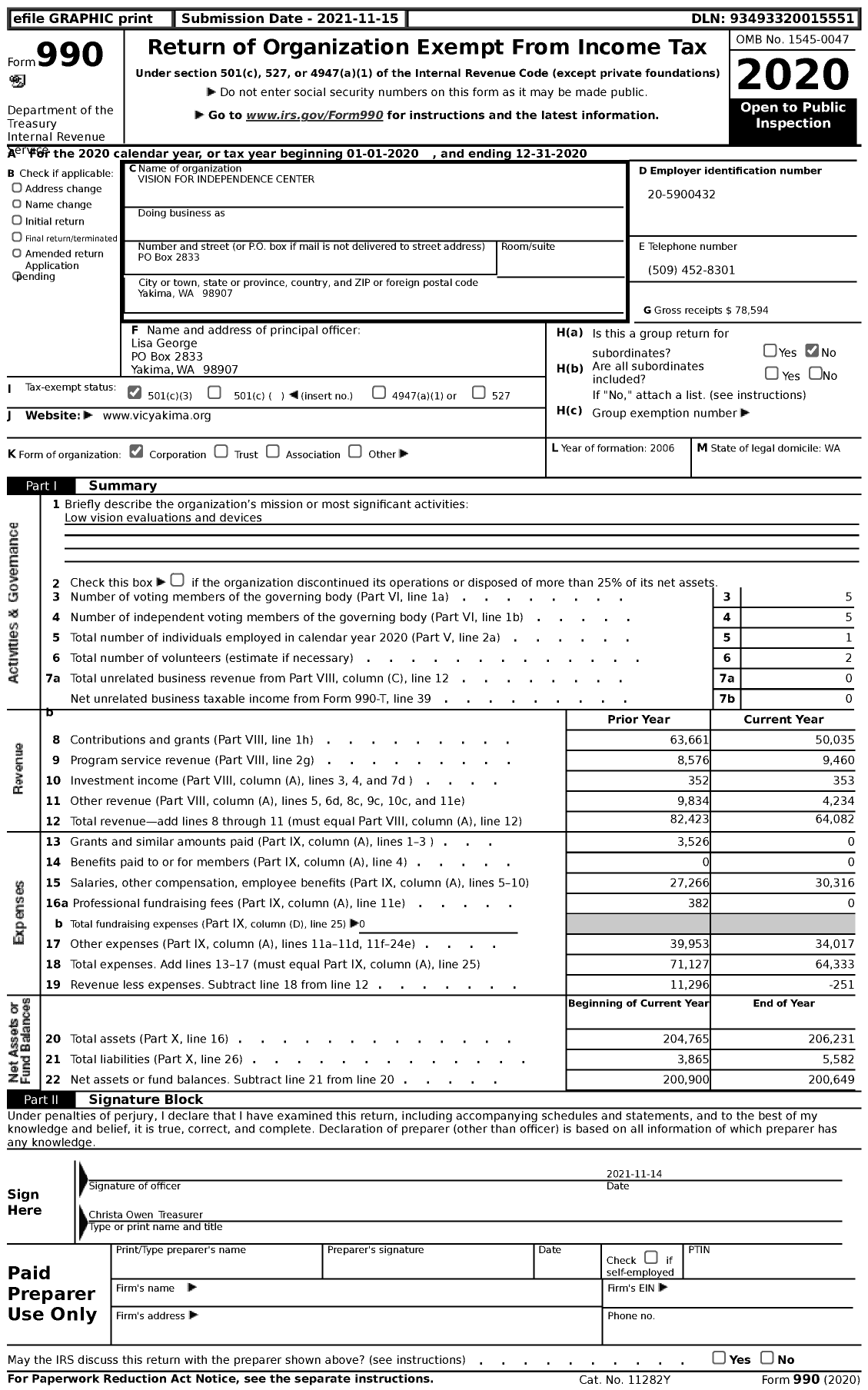 Image of first page of 2020 Form 990 for Vision for Independence Center