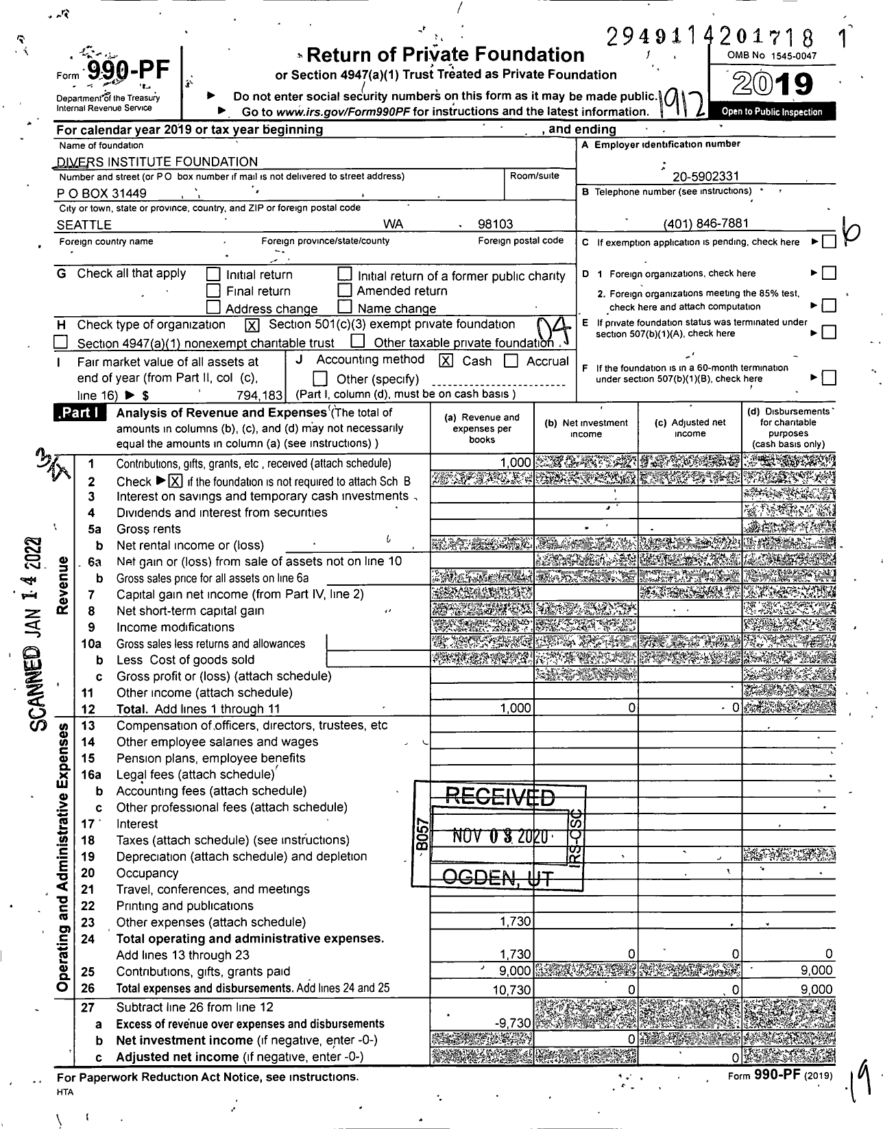 Image of first page of 2019 Form 990PF for Divers Institute Foundation