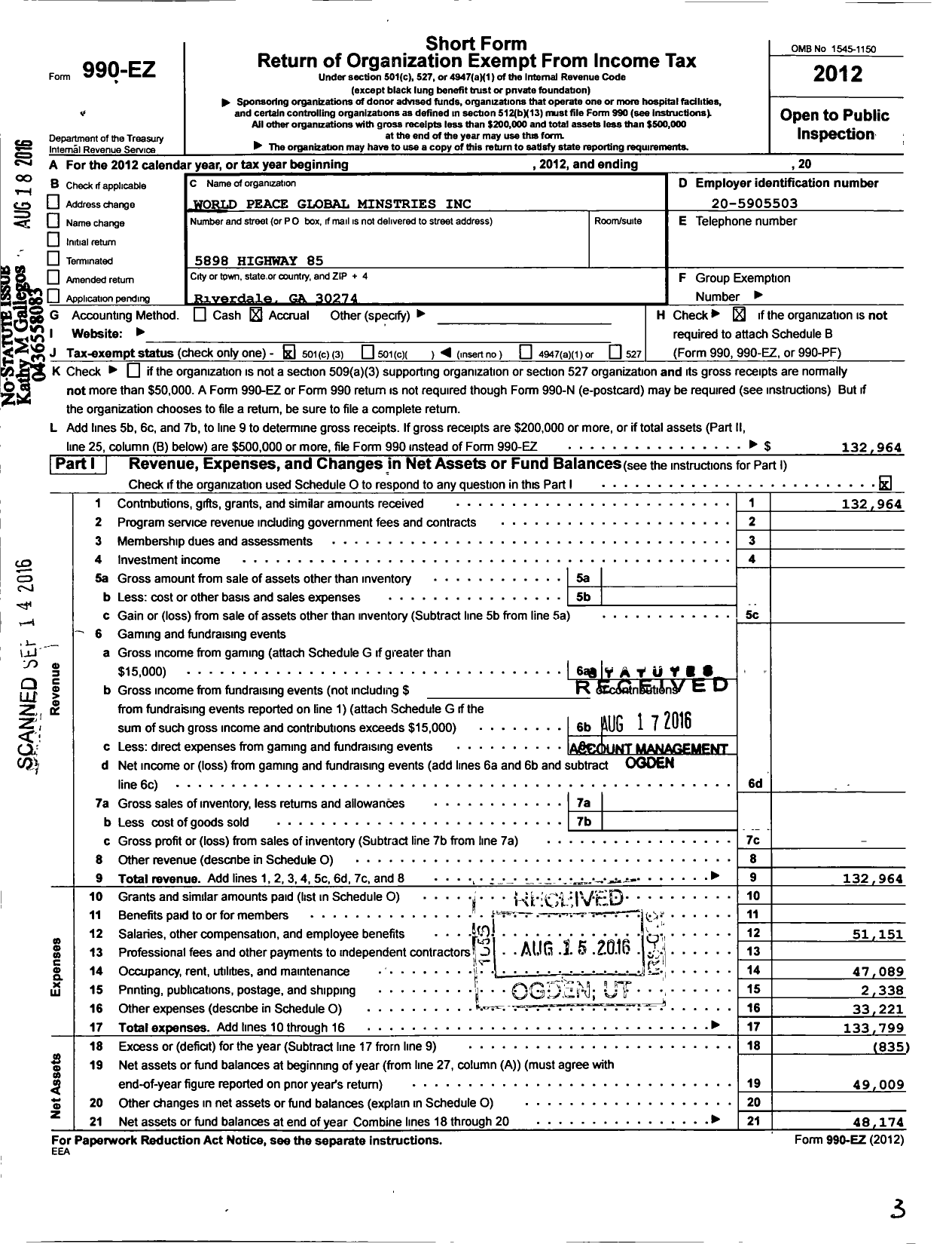 Image of first page of 2012 Form 990EZ for World Peace Global Ministries