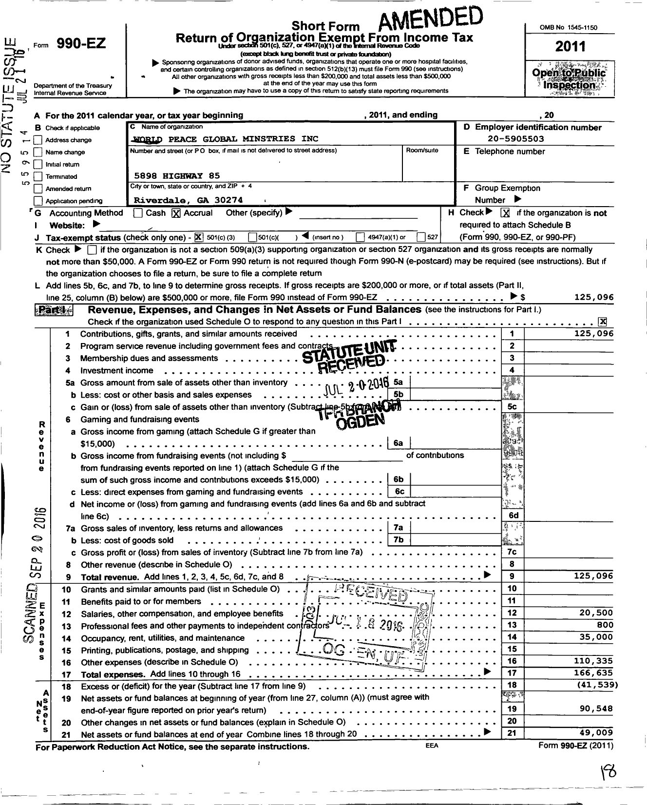 Image of first page of 2011 Form 990EZ for World Peace Global Ministries