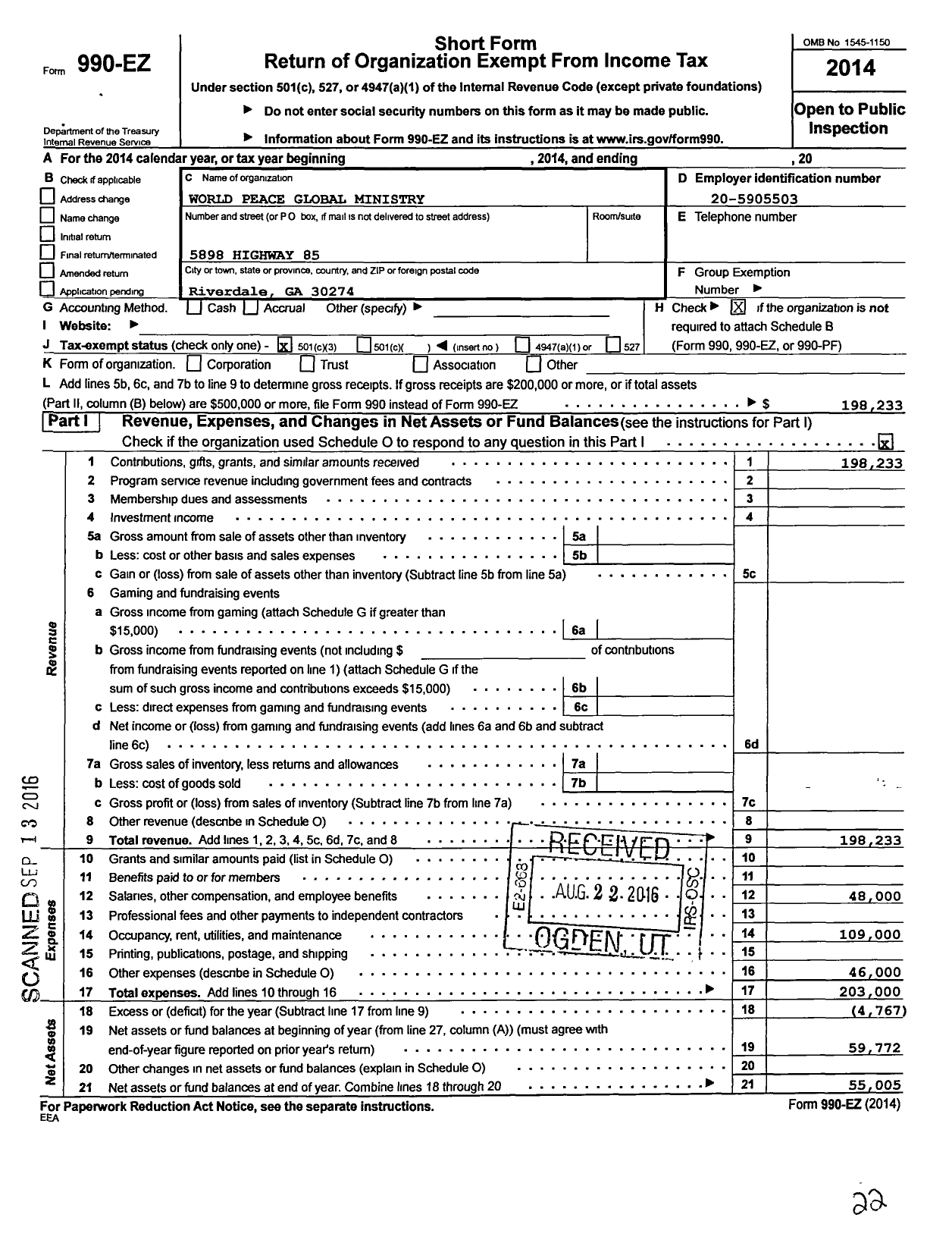 Image of first page of 2014 Form 990EZ for World Peace Global Ministries