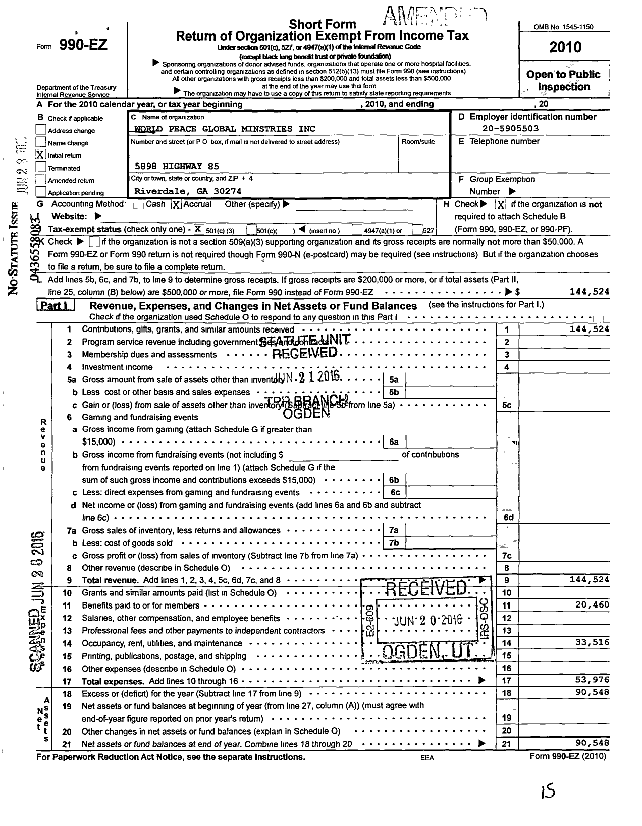 Image of first page of 2010 Form 990EZ for World Peace Global Ministries