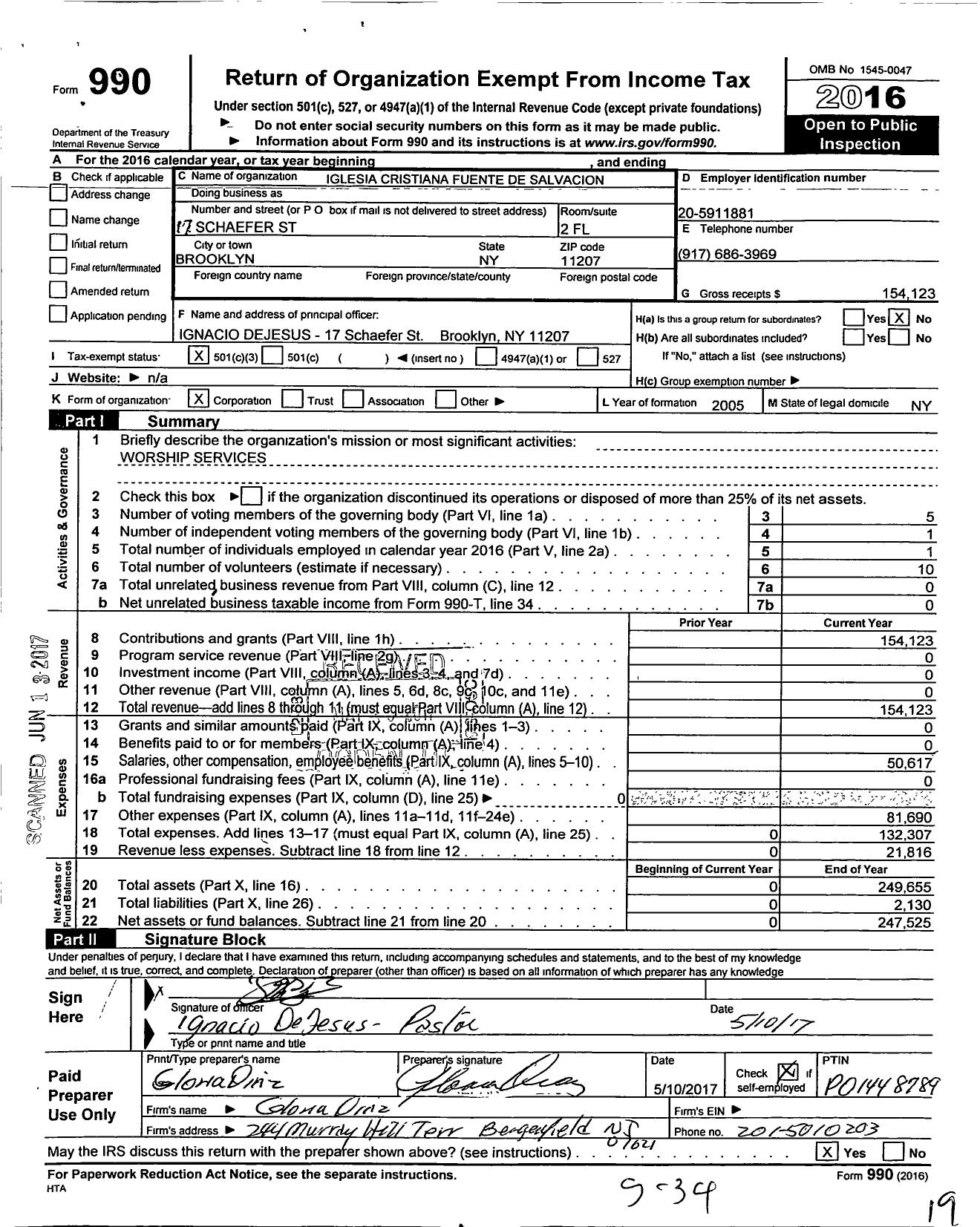 Image of first page of 2016 Form 990 for Iglesia Cristiana Fuente de Salvacion