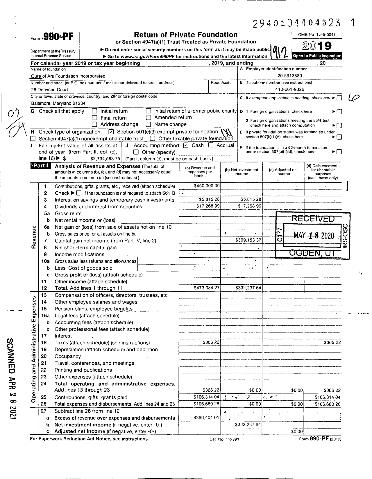 Image of first page of 2019 Form 990PF for Cure of Ars Foundation Incorporated