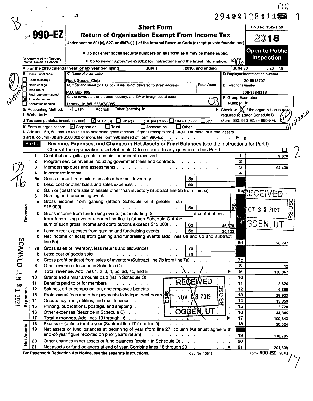 Image of first page of 2018 Form 990EZ for Rock Soccer Club