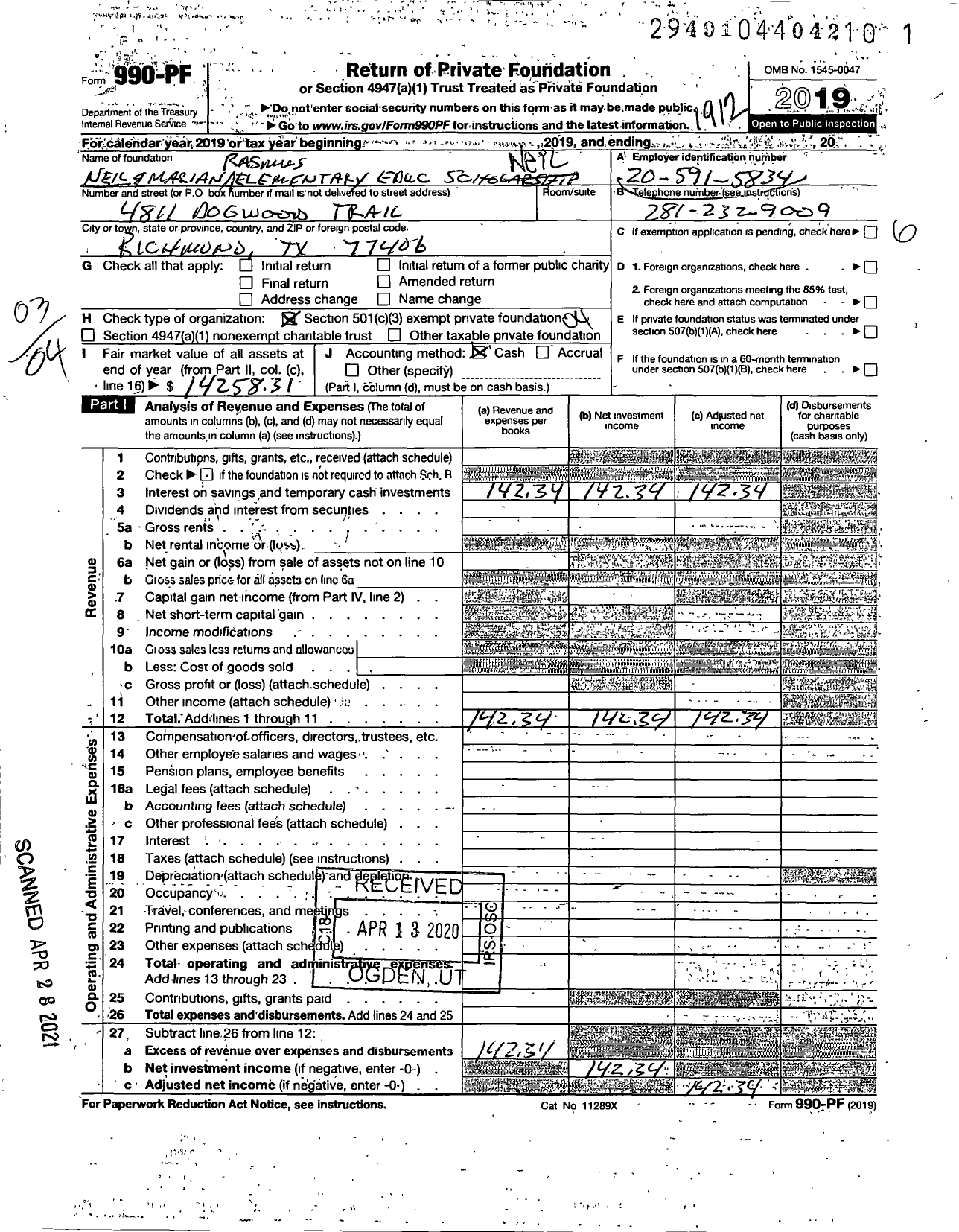 Image of first page of 2019 Form 990PF for Neil and Marian Rasmus Elementary Education Scholarship