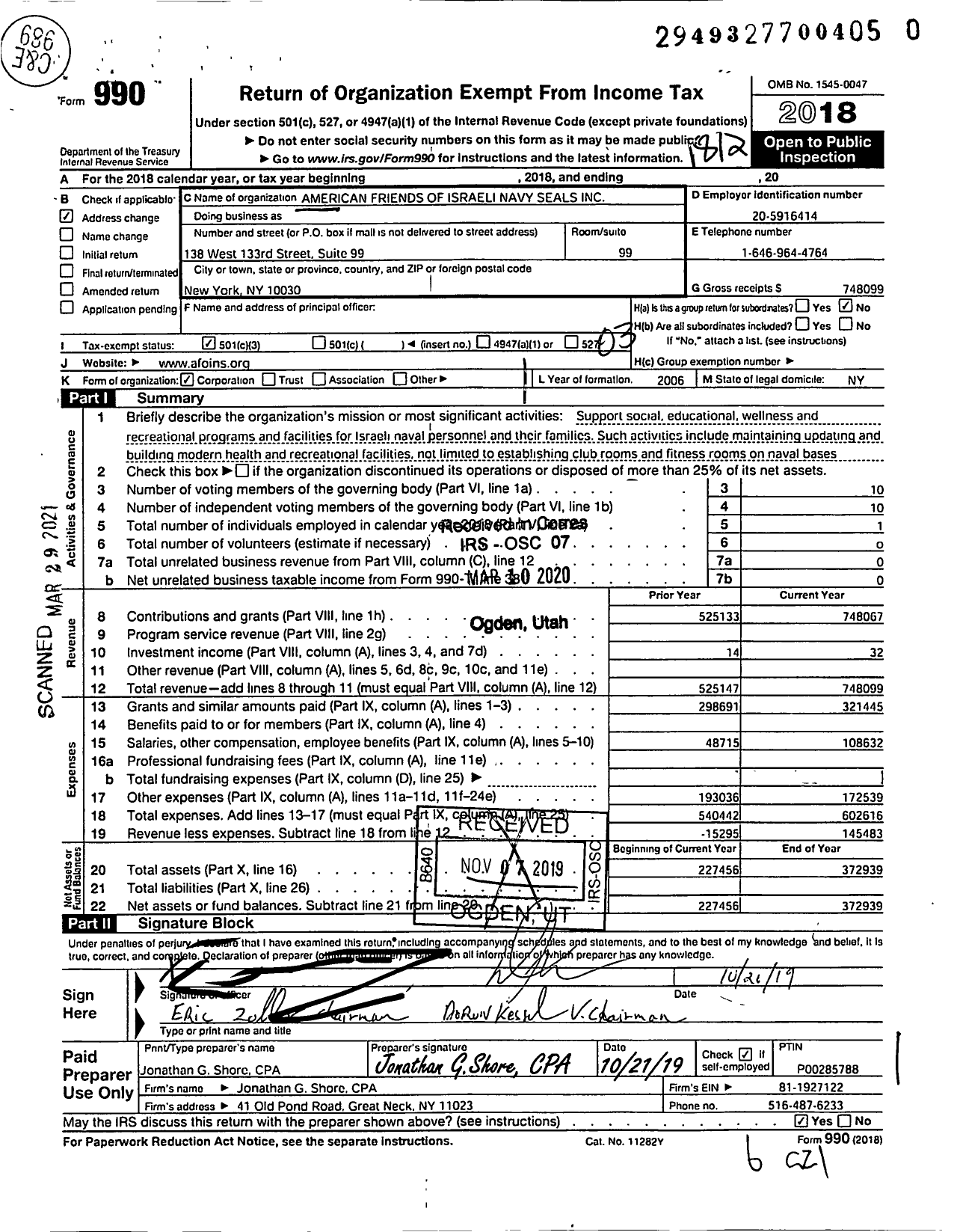 Image of first page of 2018 Form 990 for American Friends of Israeli Navy Seals