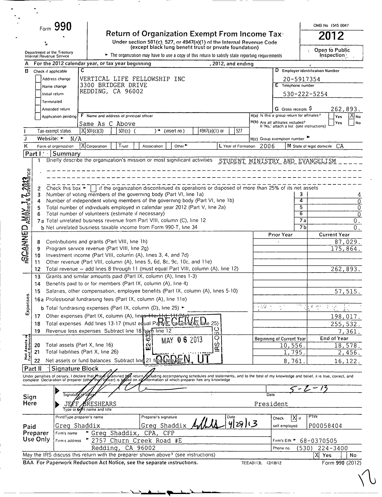 Image of first page of 2012 Form 990 for Vertical Life Fellowship