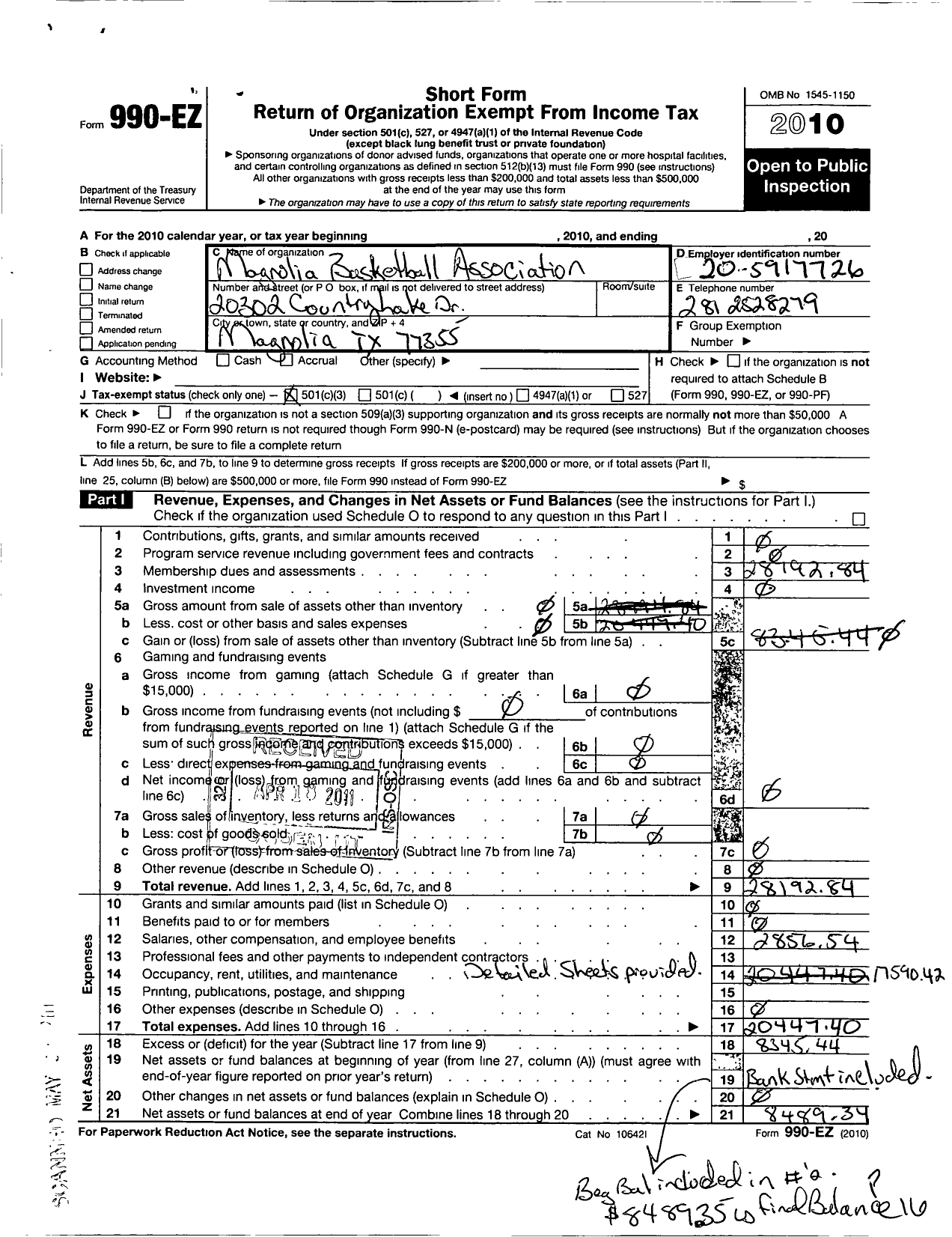 Image of first page of 2010 Form 990EZ for Amateur Athletic Union - Magnolia Basketball Association