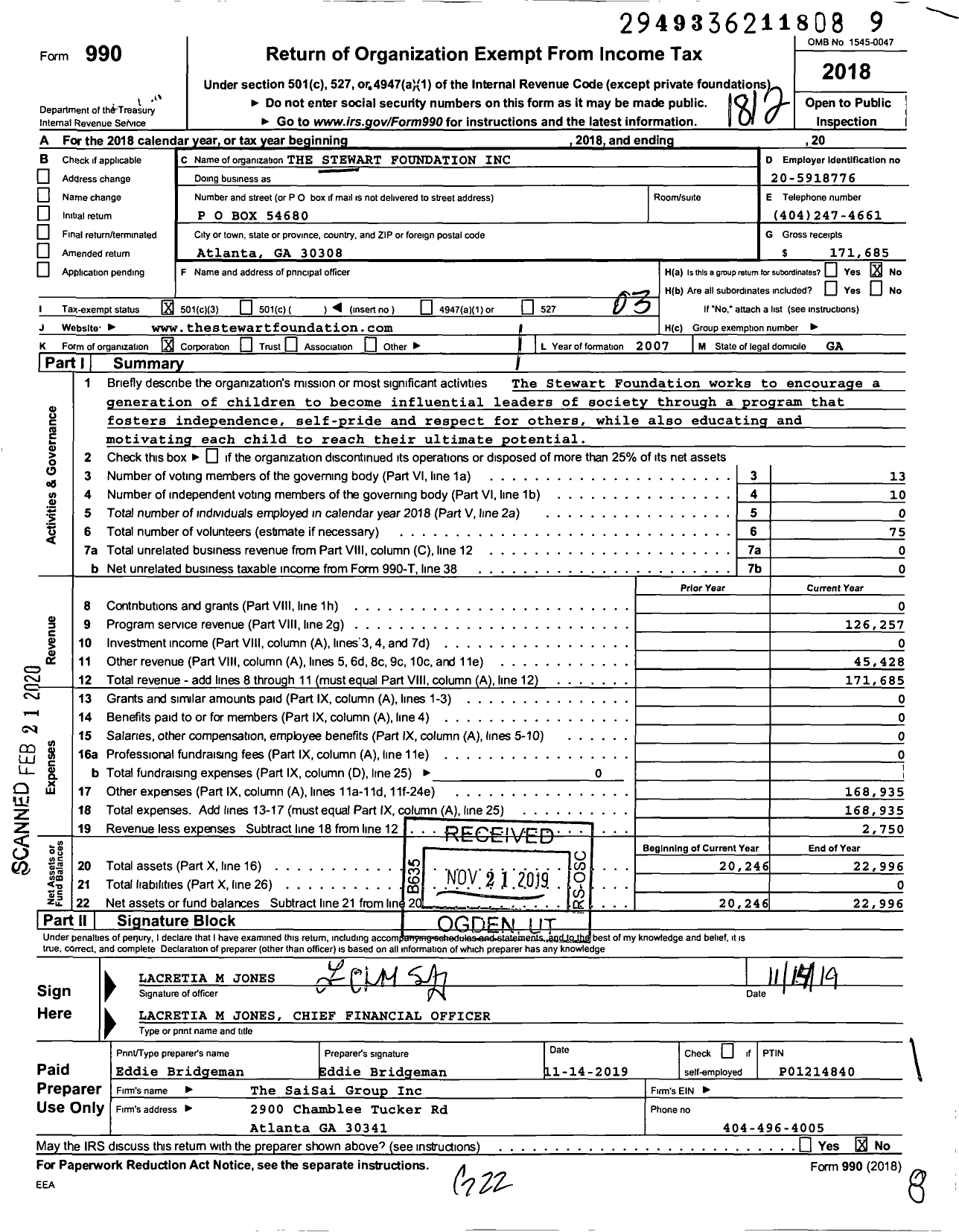 Image of first page of 2018 Form 990 for The Stewart Foundation
