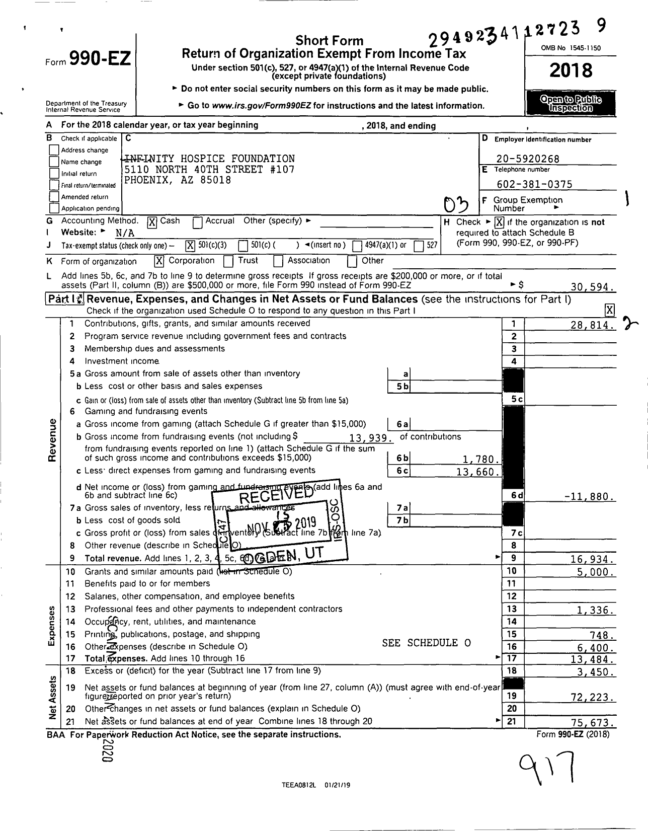 Image of first page of 2018 Form 990EZ for Infinity Hospice Foundation