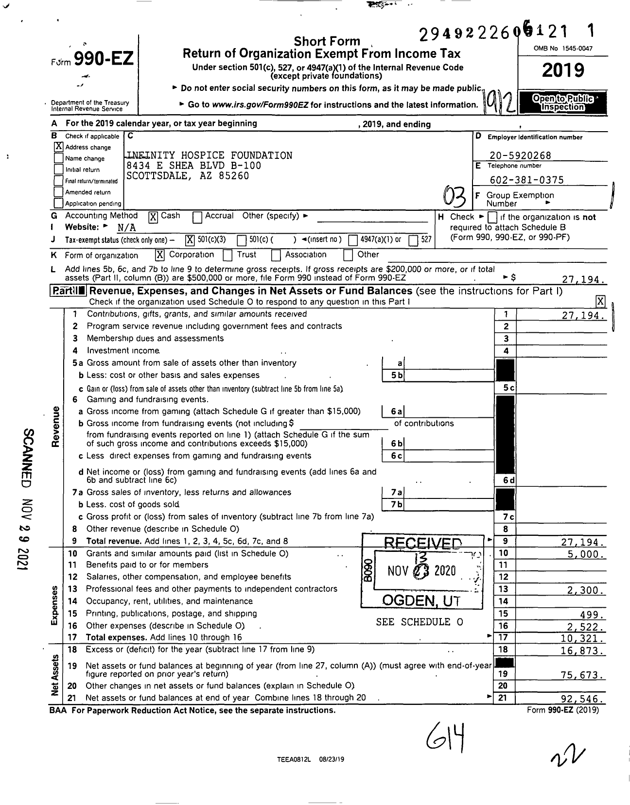 Image of first page of 2019 Form 990EZ for Infinity Hospice Foundation