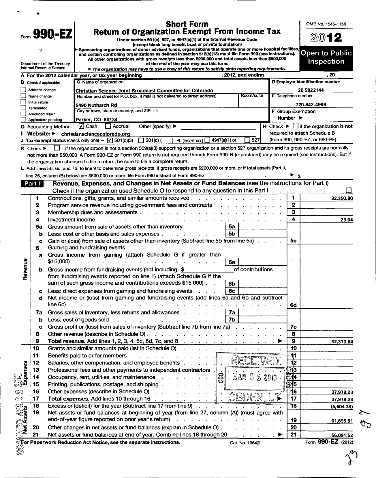 Image of first page of 2012 Form 990EZ for Christian Science Joint Broadcast Committee for Colorado