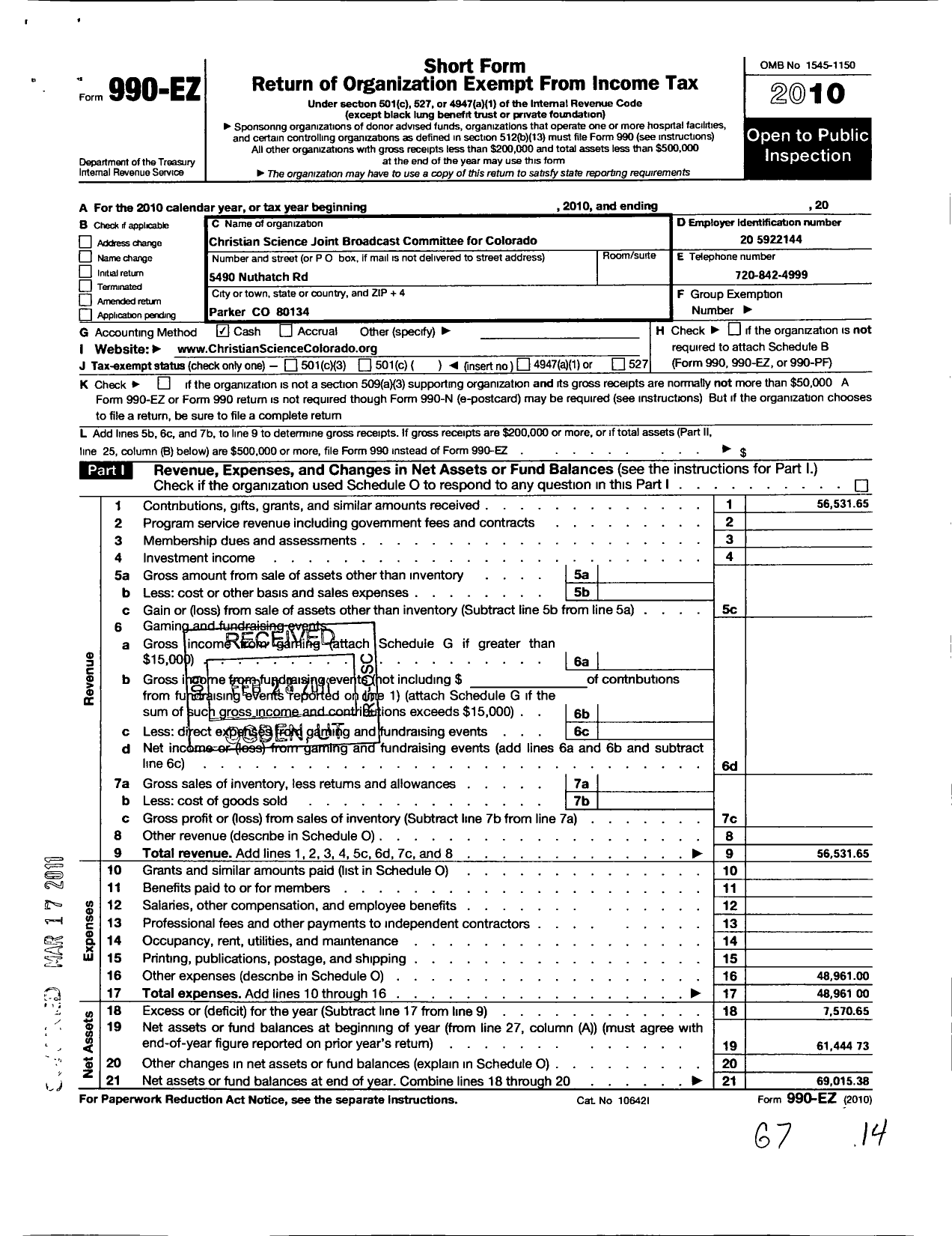 Image of first page of 2010 Form 990EO for Christian Science Joint Broadcast Committee for Colorado