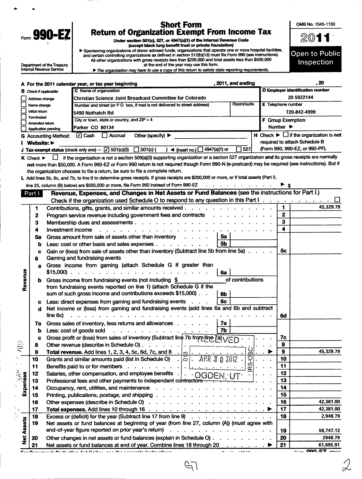 Image of first page of 2011 Form 990EZ for Christian Science Joint Broadcast Committee for Colorado