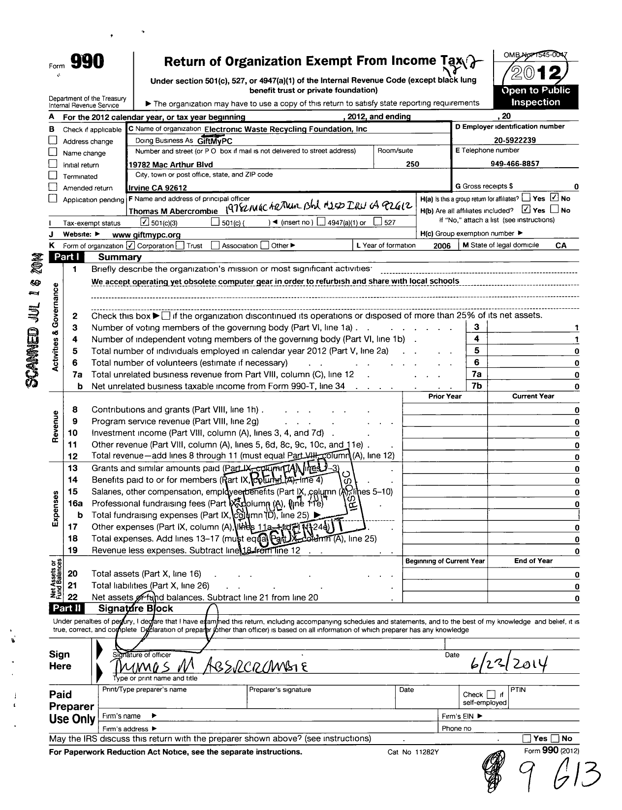 Image of first page of 2012 Form 990 for Electronic Waste Recycling Foundation