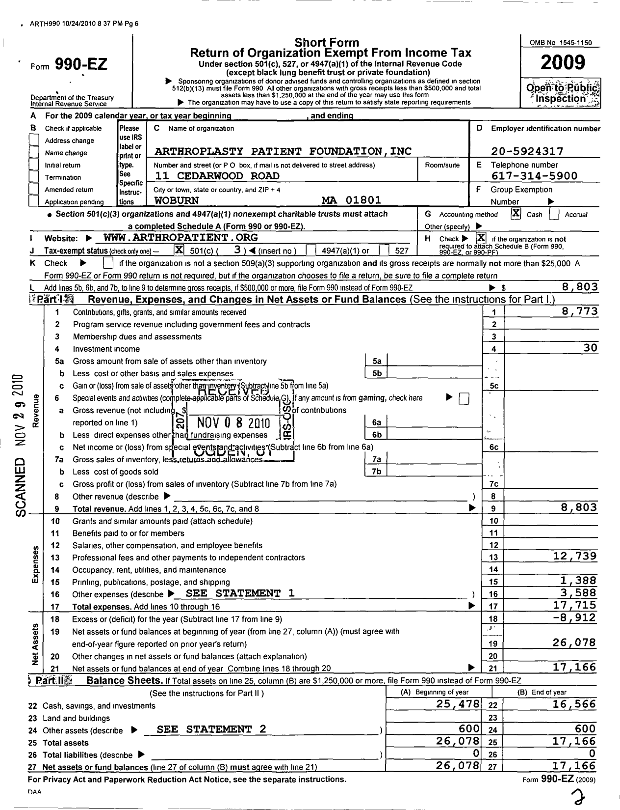 Image of first page of 2009 Form 990EZ for Arthroplasty Patient Foundation