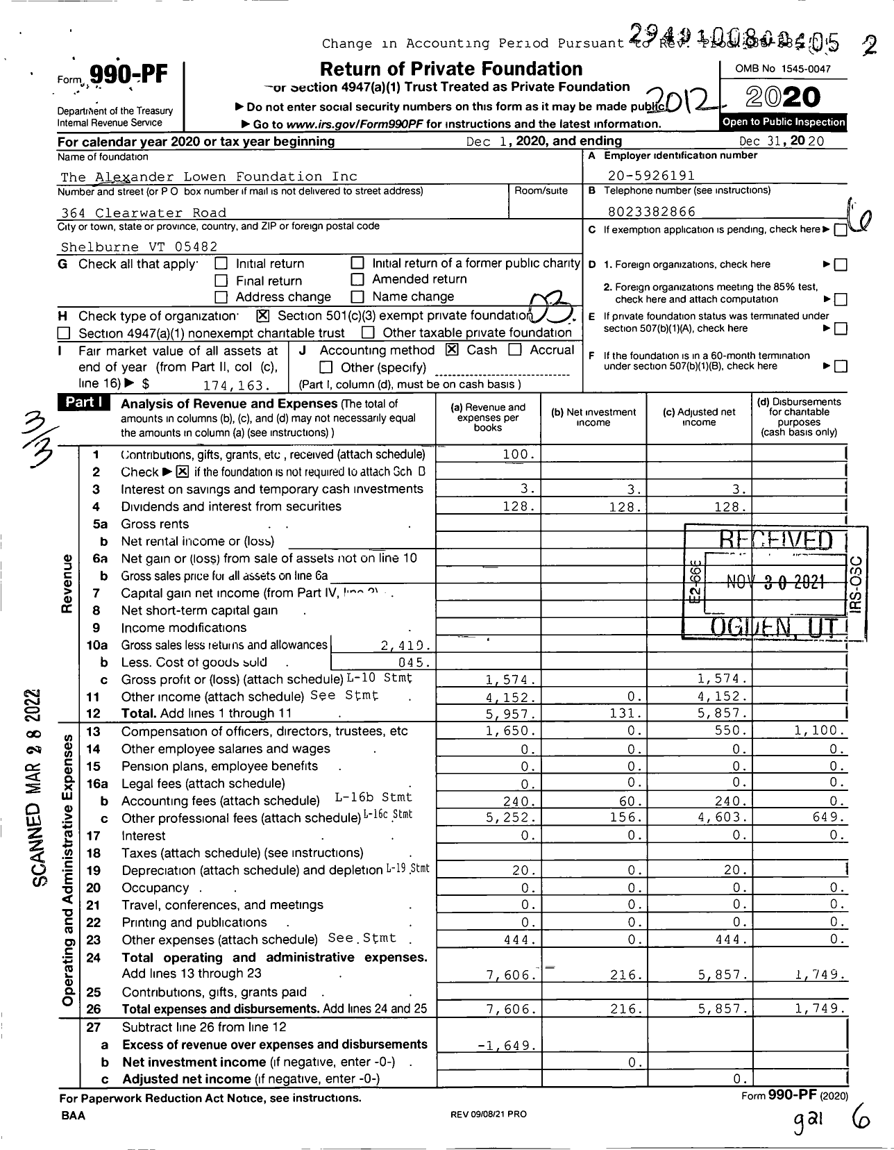 Image of first page of 2020 Form 990PF for The Alexander Lowen Foundation