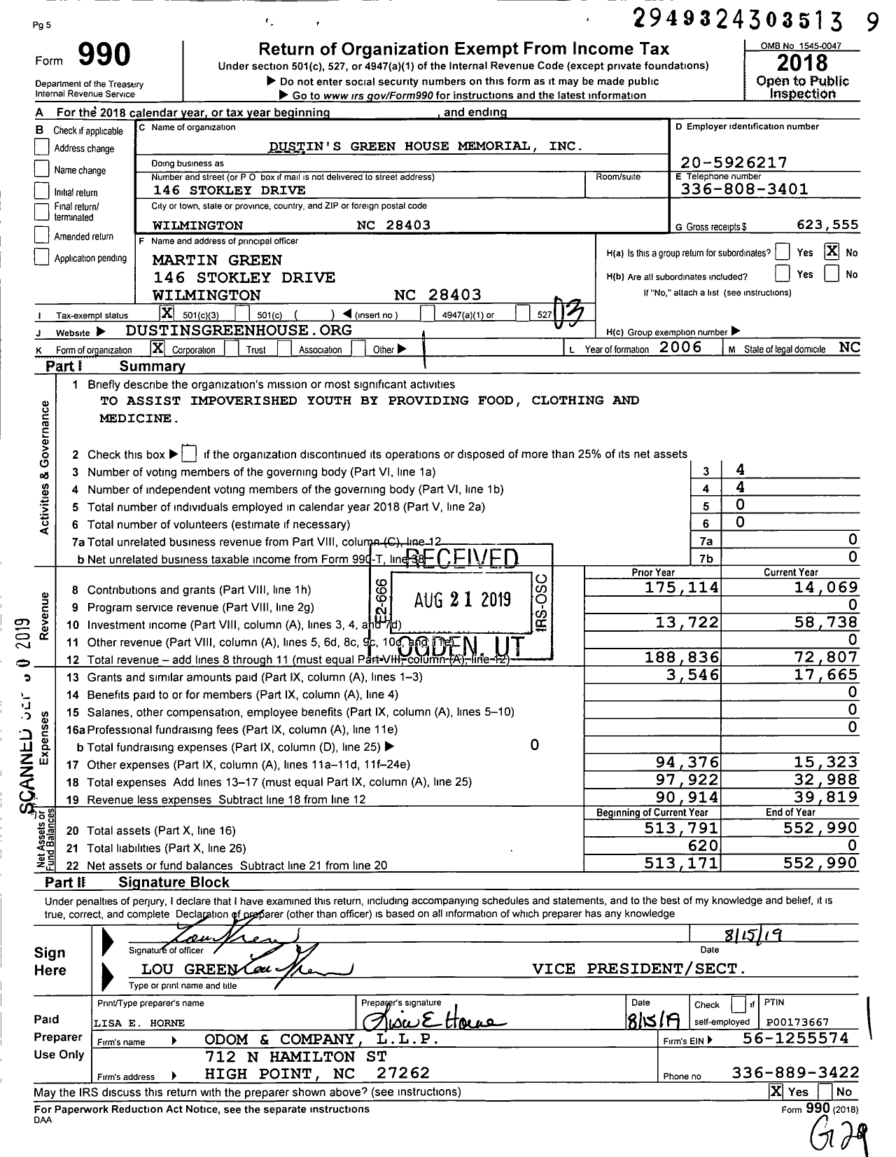 Image of first page of 2018 Form 990 for Dustins Green House Memorial