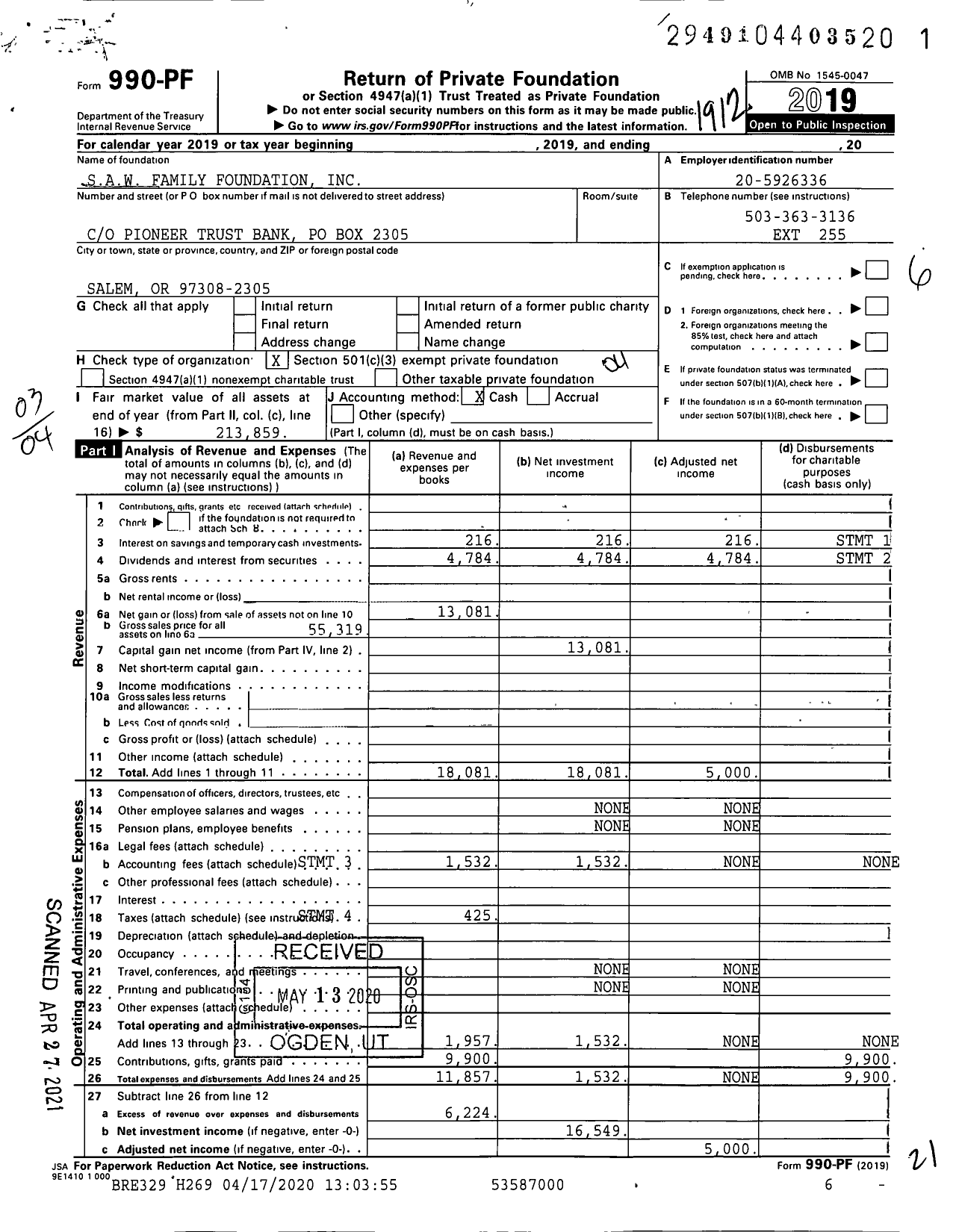 Image of first page of 2019 Form 990PF for Saw Family Foundation