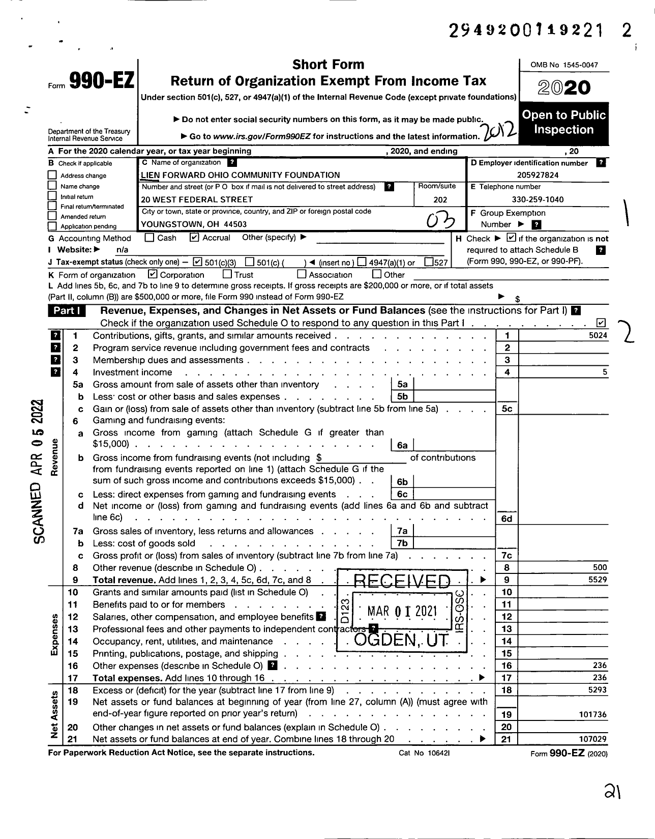 Image of first page of 2020 Form 990EZ for Mahoning Land Bank Support Fund