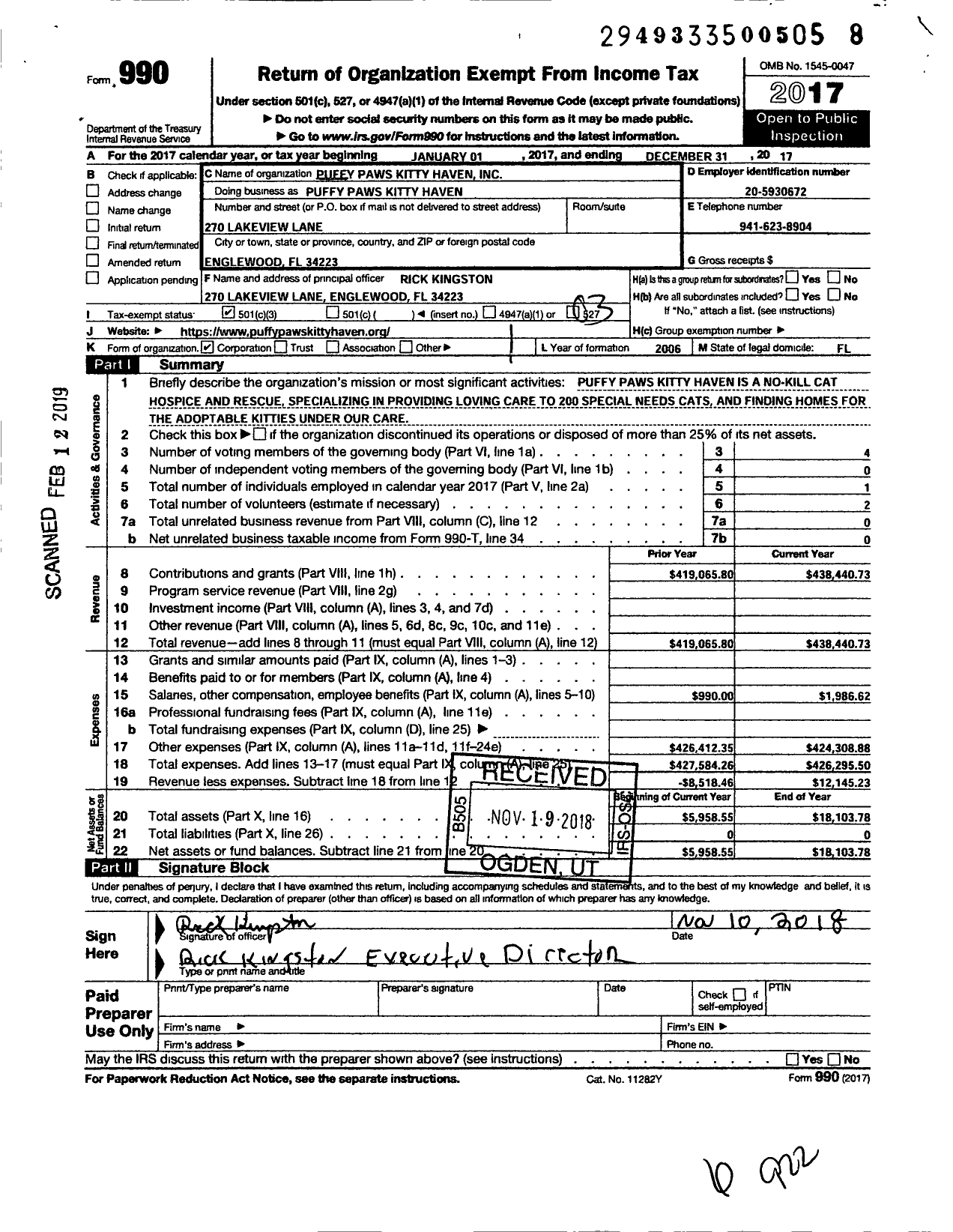 Image of first page of 2017 Form 990 for Puffy Paws Kitty Haven