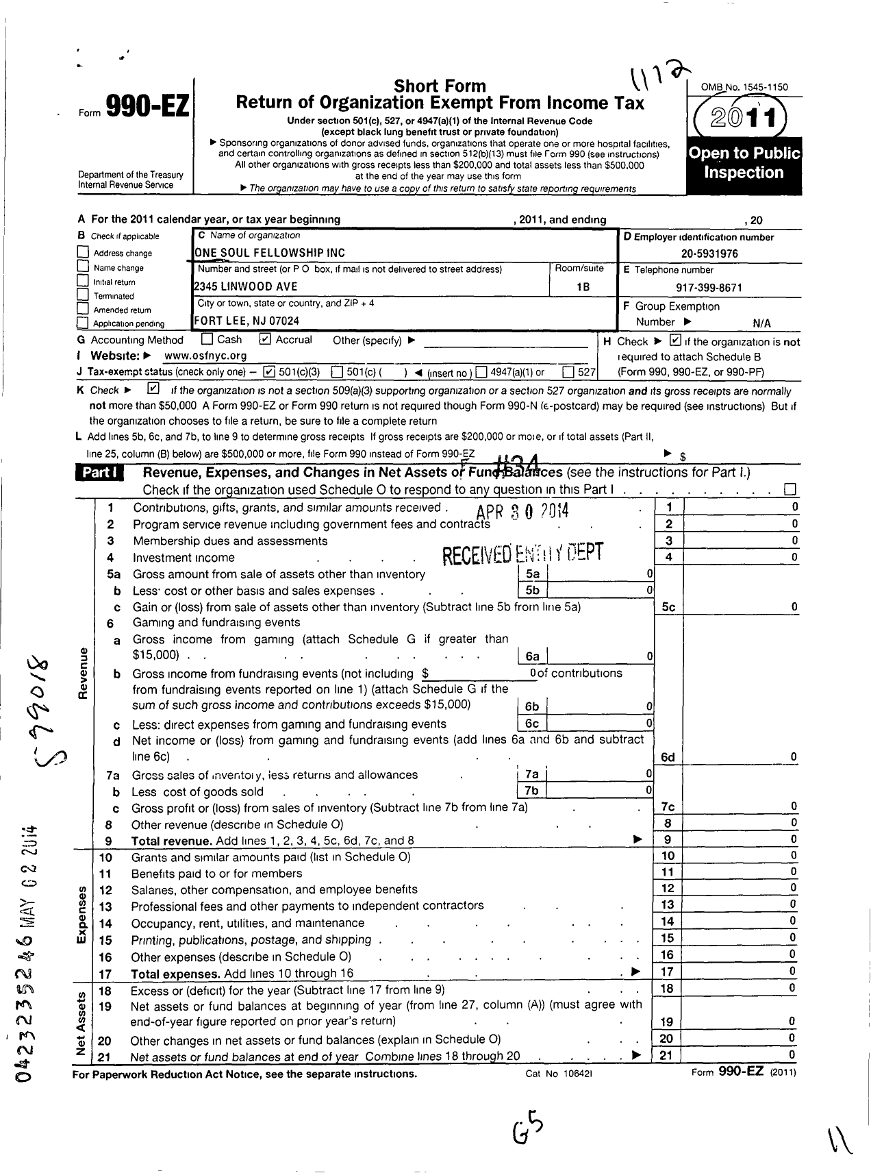 Image of first page of 2011 Form 990EZ for One Soul Fellowship