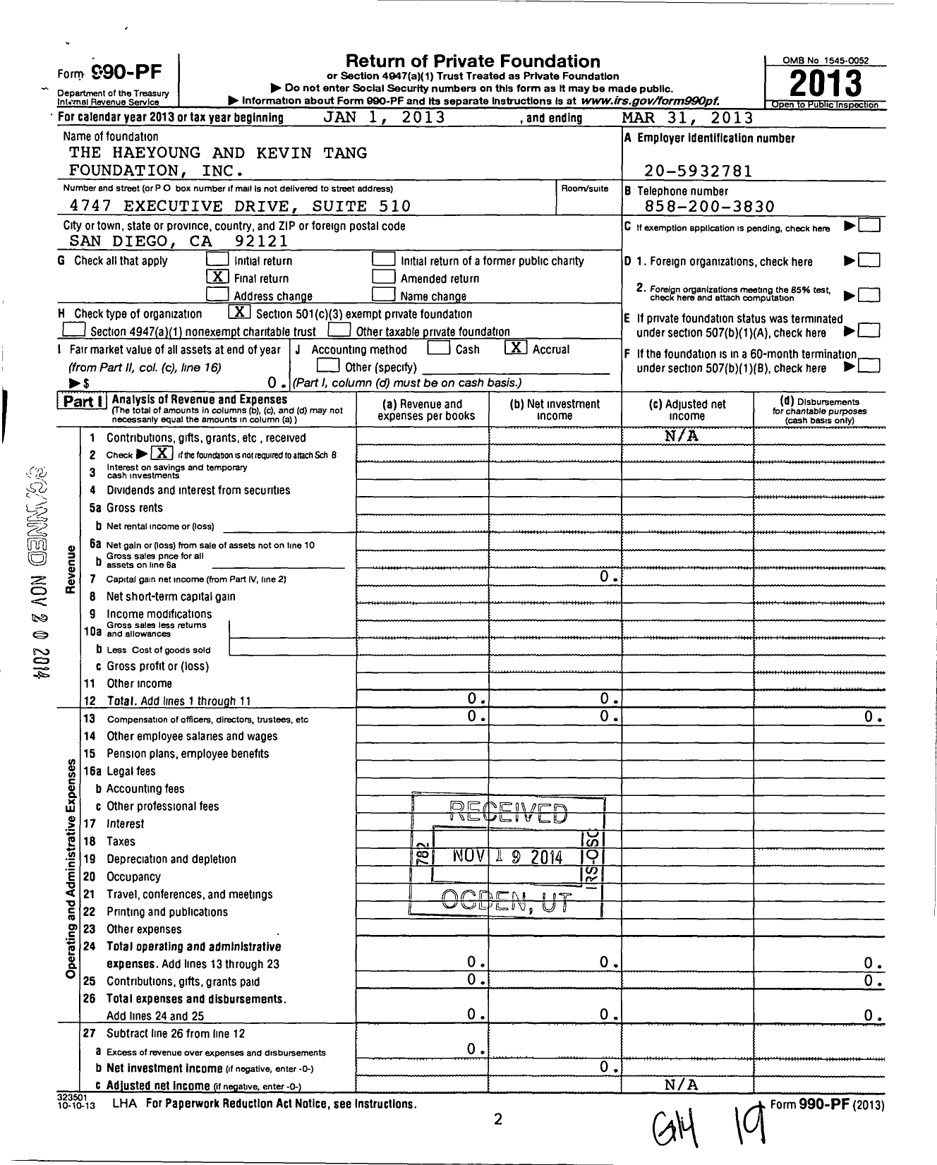 Image of first page of 2012 Form 990PF for Haeyoung and Kevin Tang Foundation