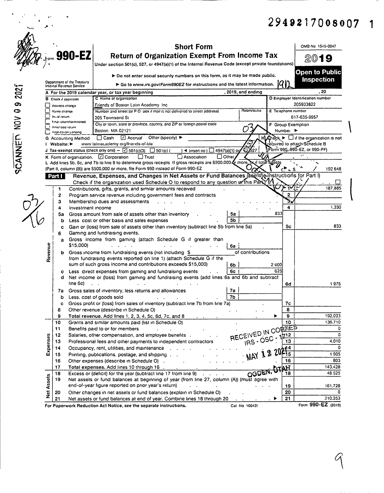 Image of first page of 2019 Form 990EZ for Boston Latin Academy Association