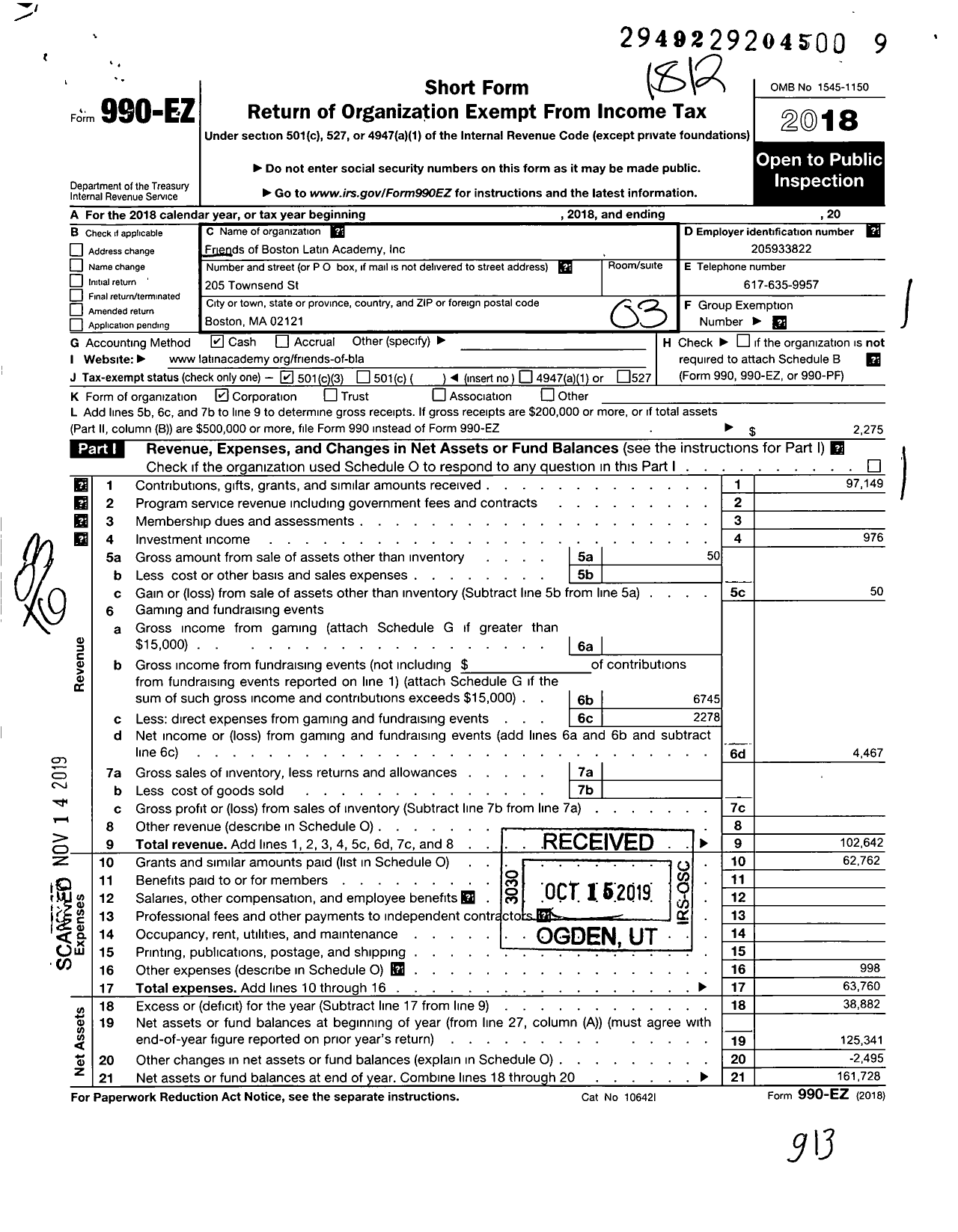 Image of first page of 2018 Form 990EZ for Boston Latin Academy Association