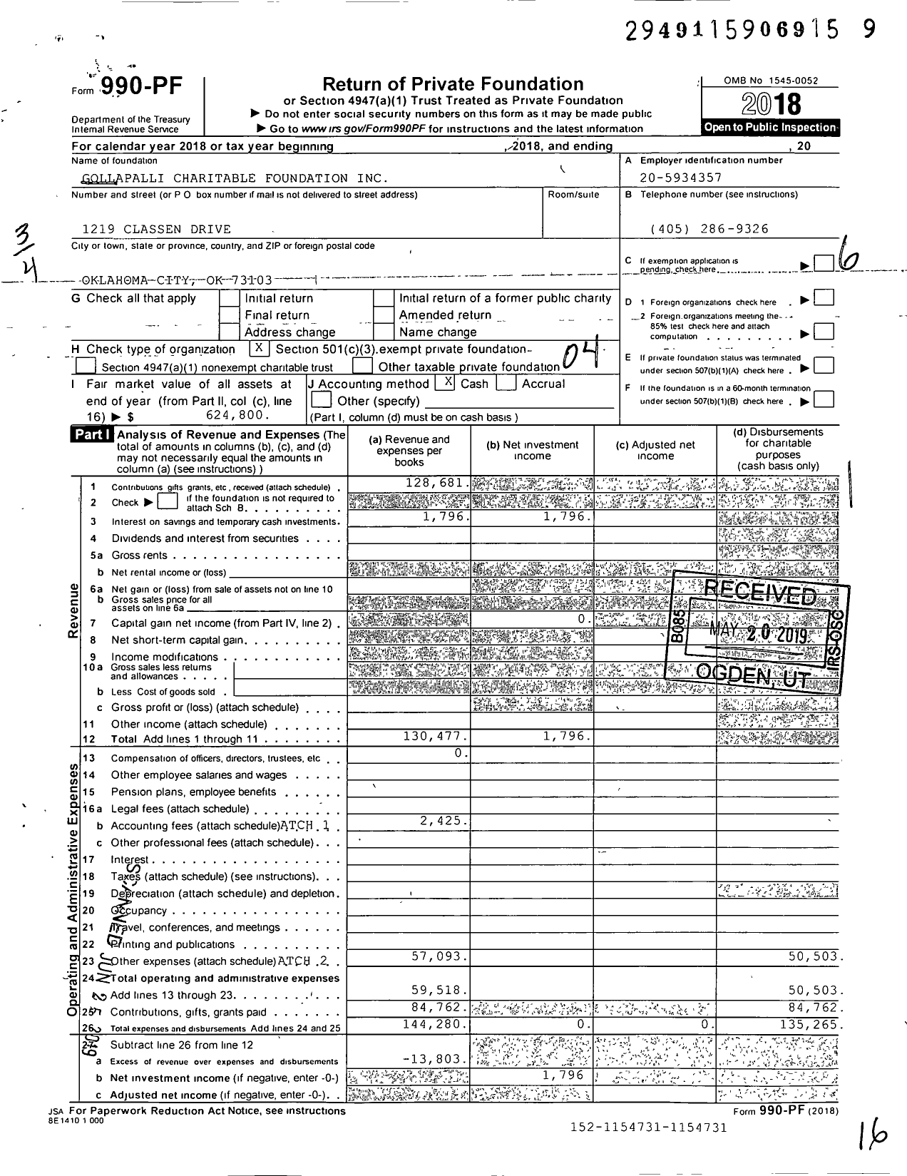 Image of first page of 2018 Form 990PF for Gollapalli Charitable Foundation