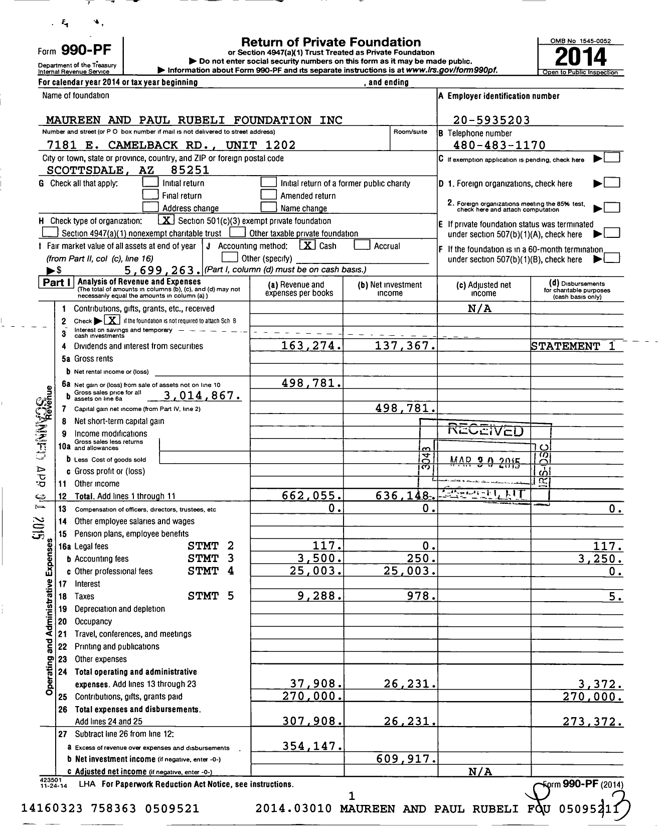 Image of first page of 2014 Form 990PF for Maureen and Paul Rubeli Foundation
