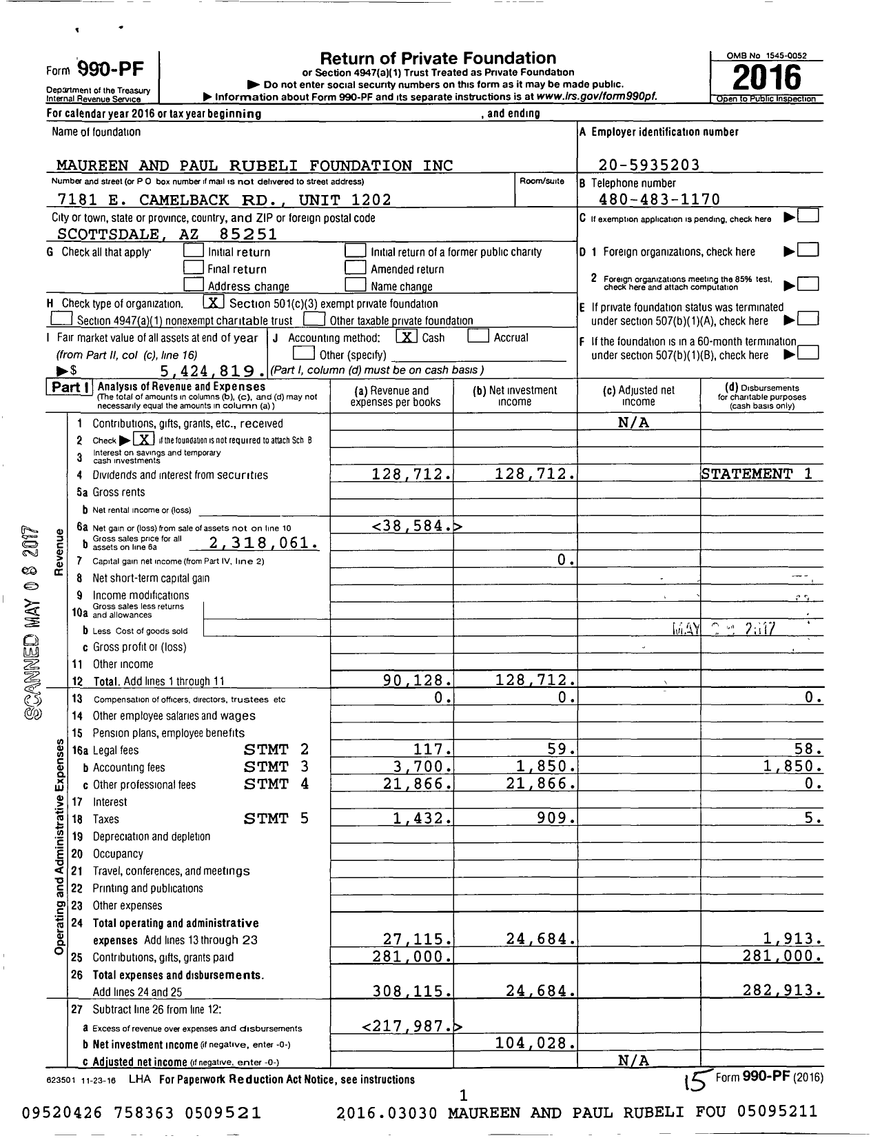 Image of first page of 2016 Form 990PF for Maureen and Paul Rubeli Foundation