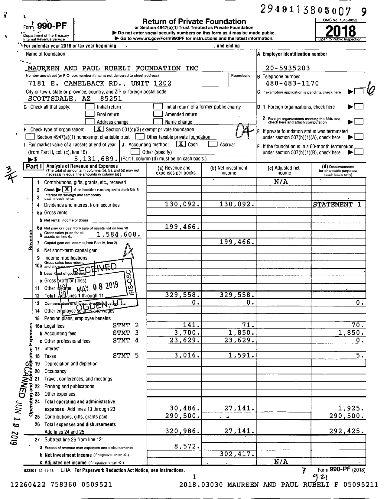 Image of first page of 2018 Form 990PF for Maureen and Paul Rubeli Foundation