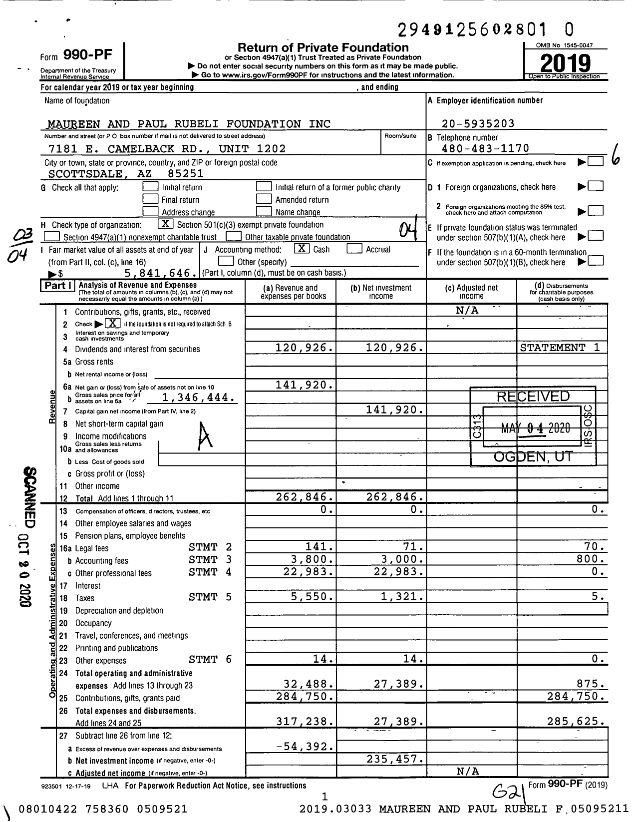 Image of first page of 2019 Form 990PR for Maureen and Paul Rubeli Foundation
