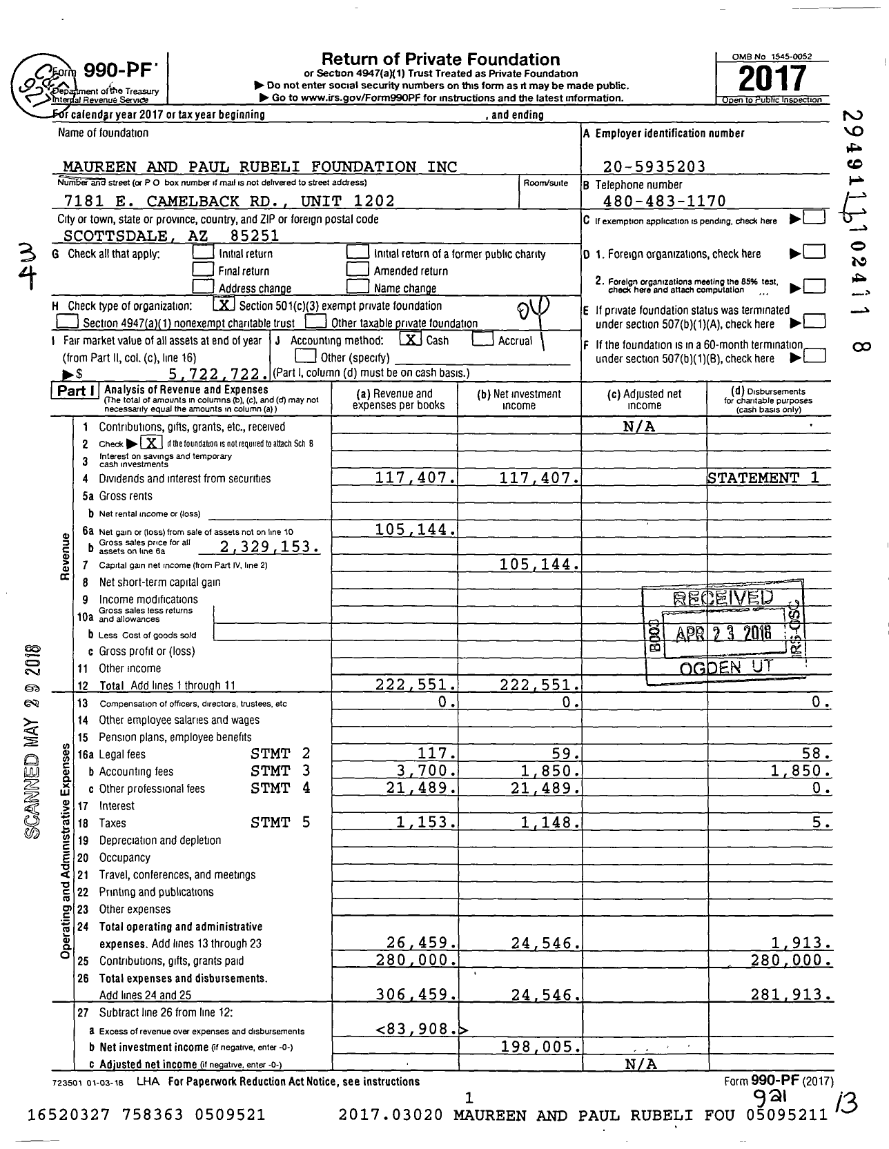 Image of first page of 2017 Form 990PF for Maureen and Paul Rubeli Foundation