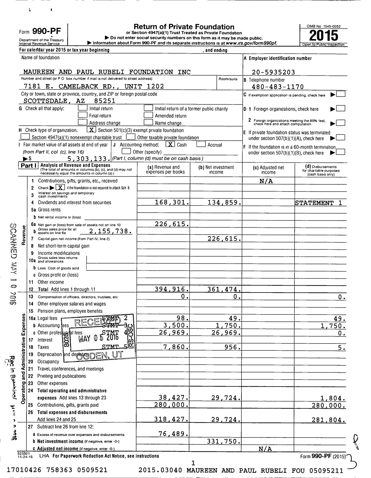 Image of first page of 2015 Form 990PF for Maureen and Paul Rubeli Foundation