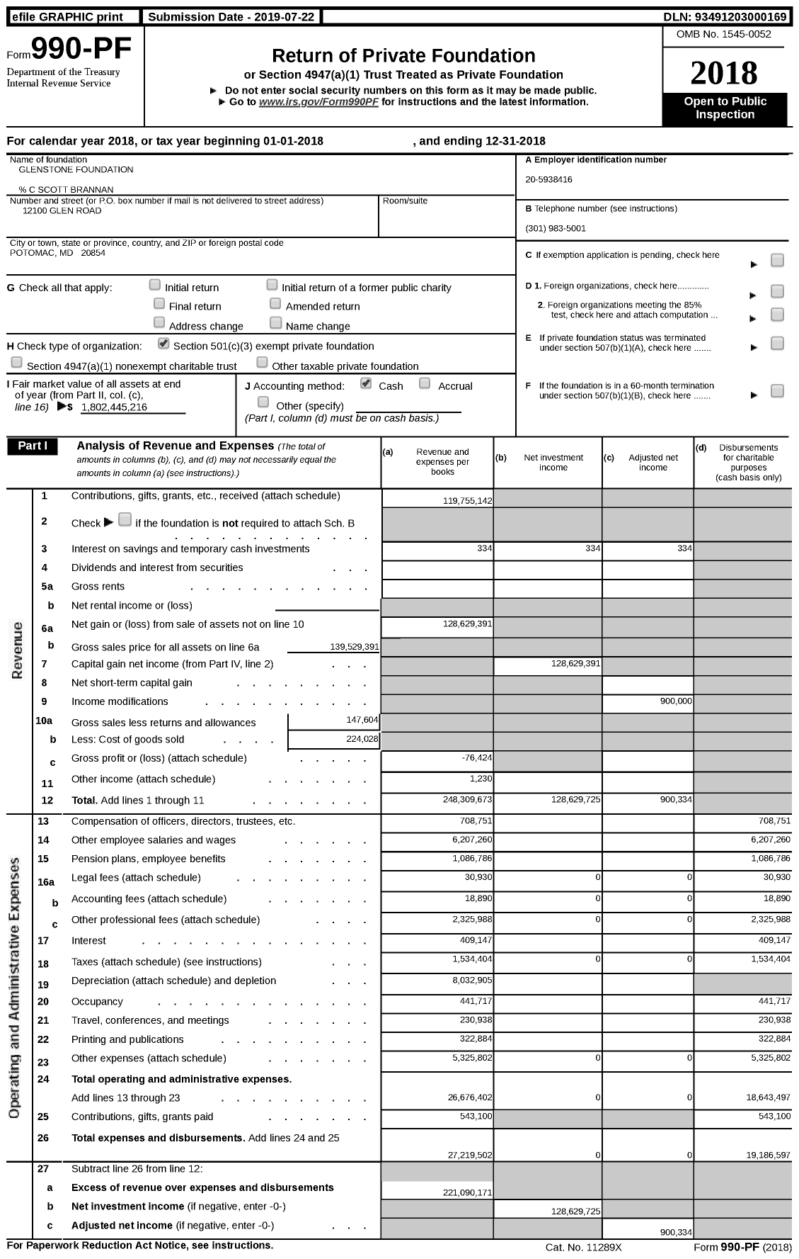 Image of first page of 2018 Form 990PF for Glenstone Foundation