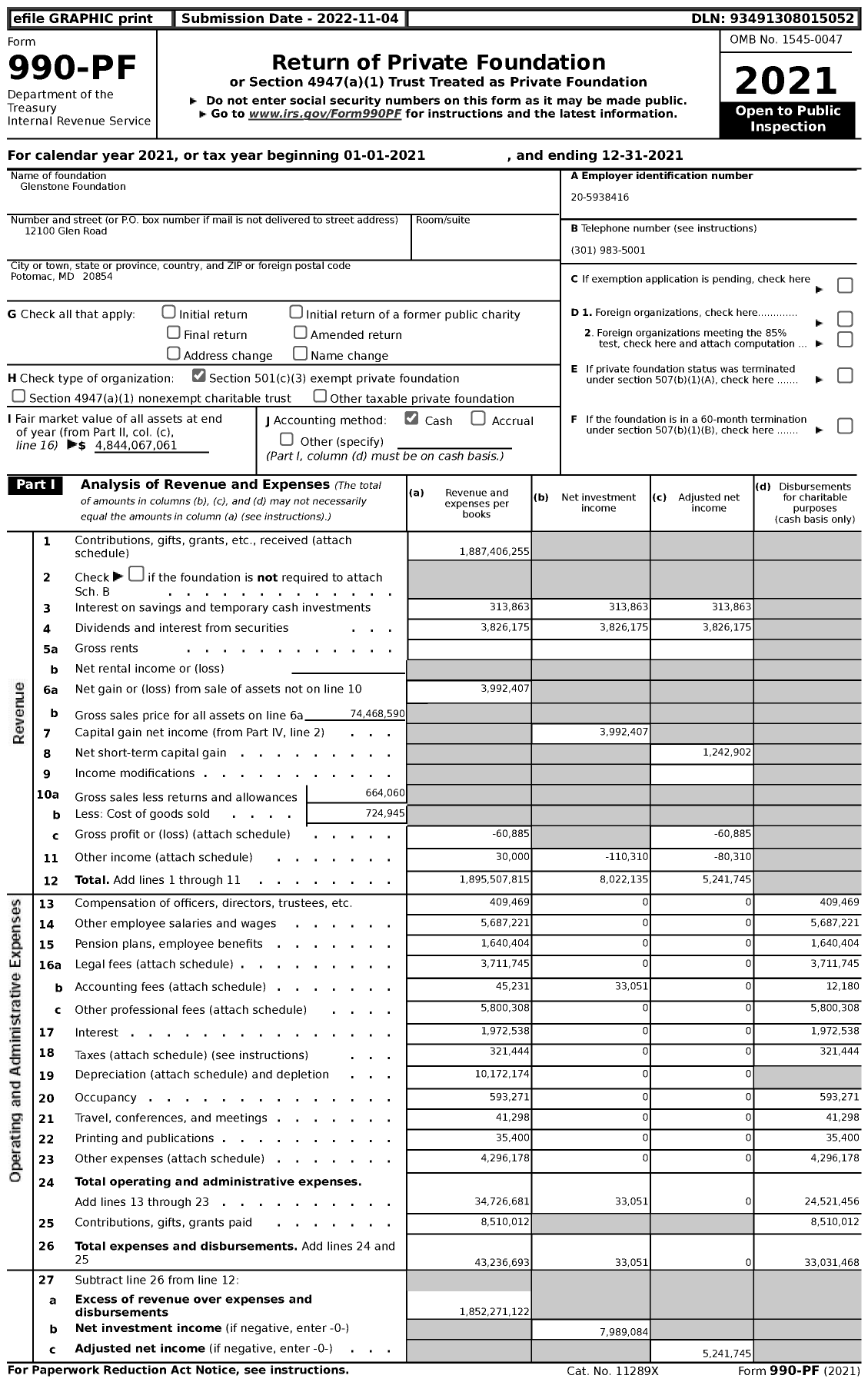 Image of first page of 2021 Form 990PF for Glenstone Foundation