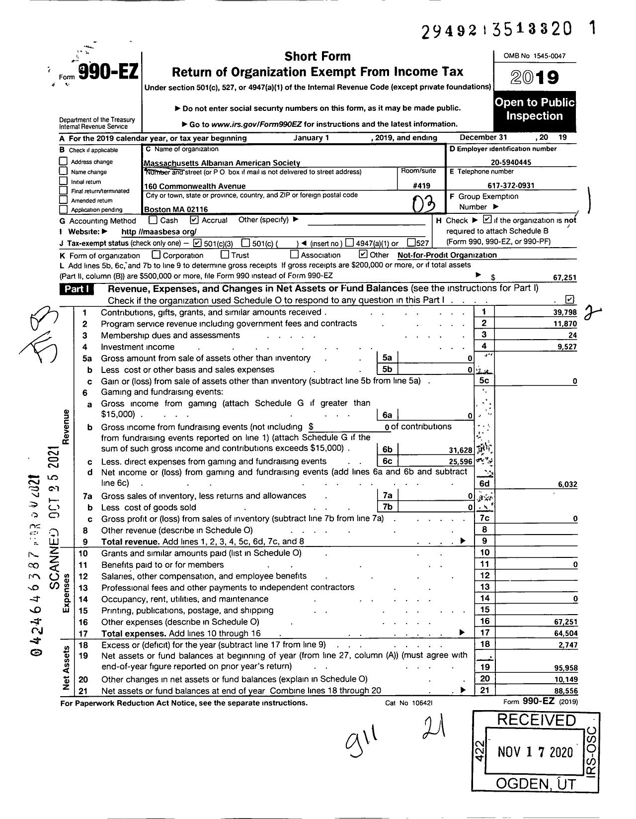 Image of first page of 2019 Form 990EZ for Massachusetts Albanian Americansociety