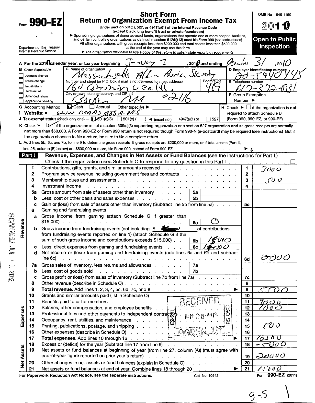 Image of first page of 2010 Form 990EZ for Massachusetts Albanian Americansociety