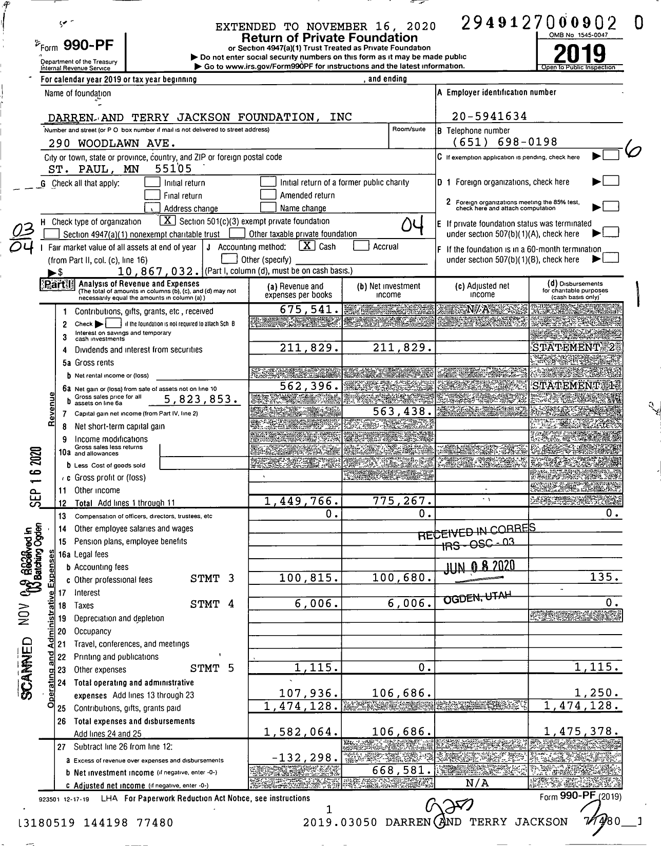 Image of first page of 2019 Form 990PF for Darren and Terry Jackson Foundation