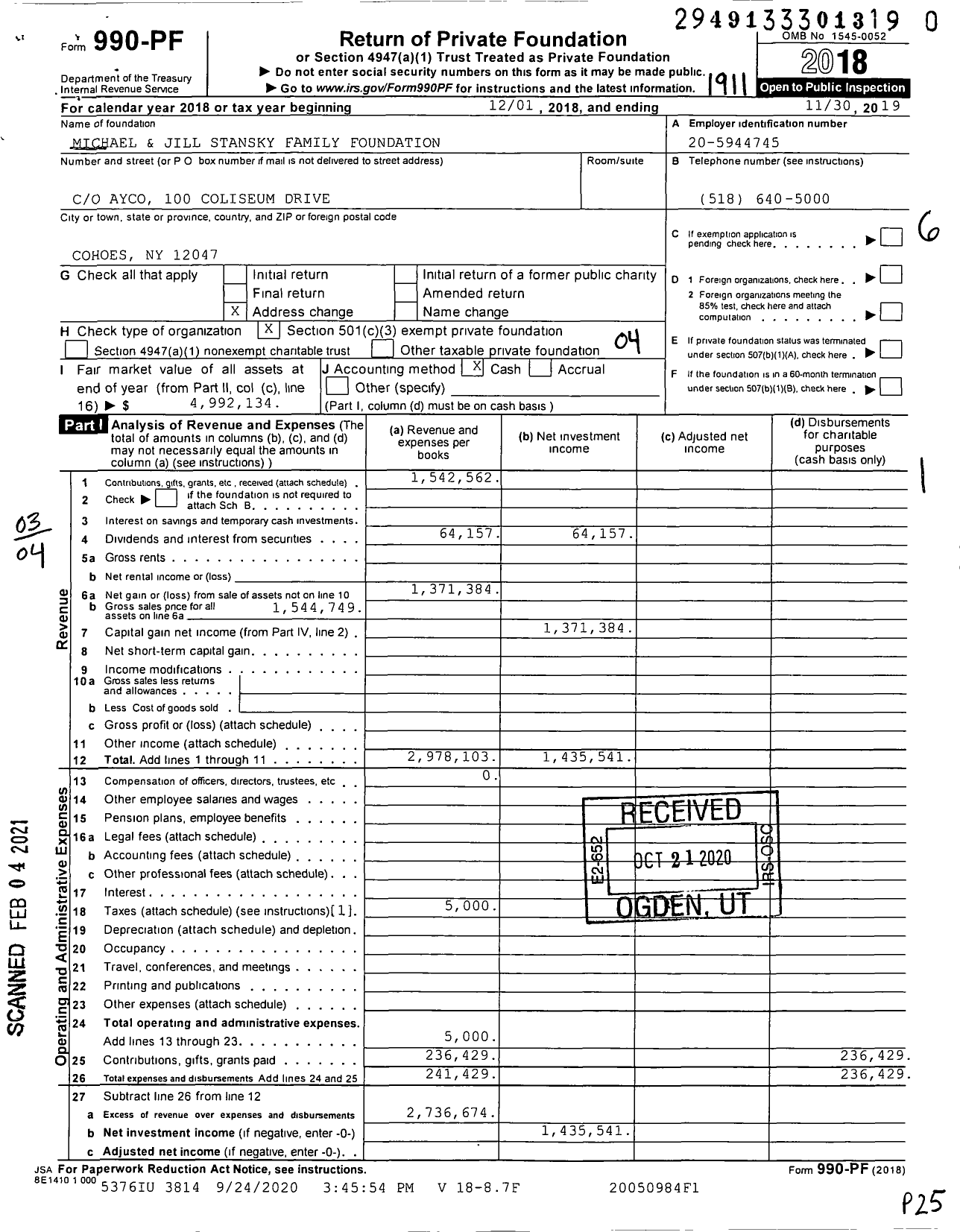 Image of first page of 2018 Form 990PF for Michael & Jill Stansky Family Foundation