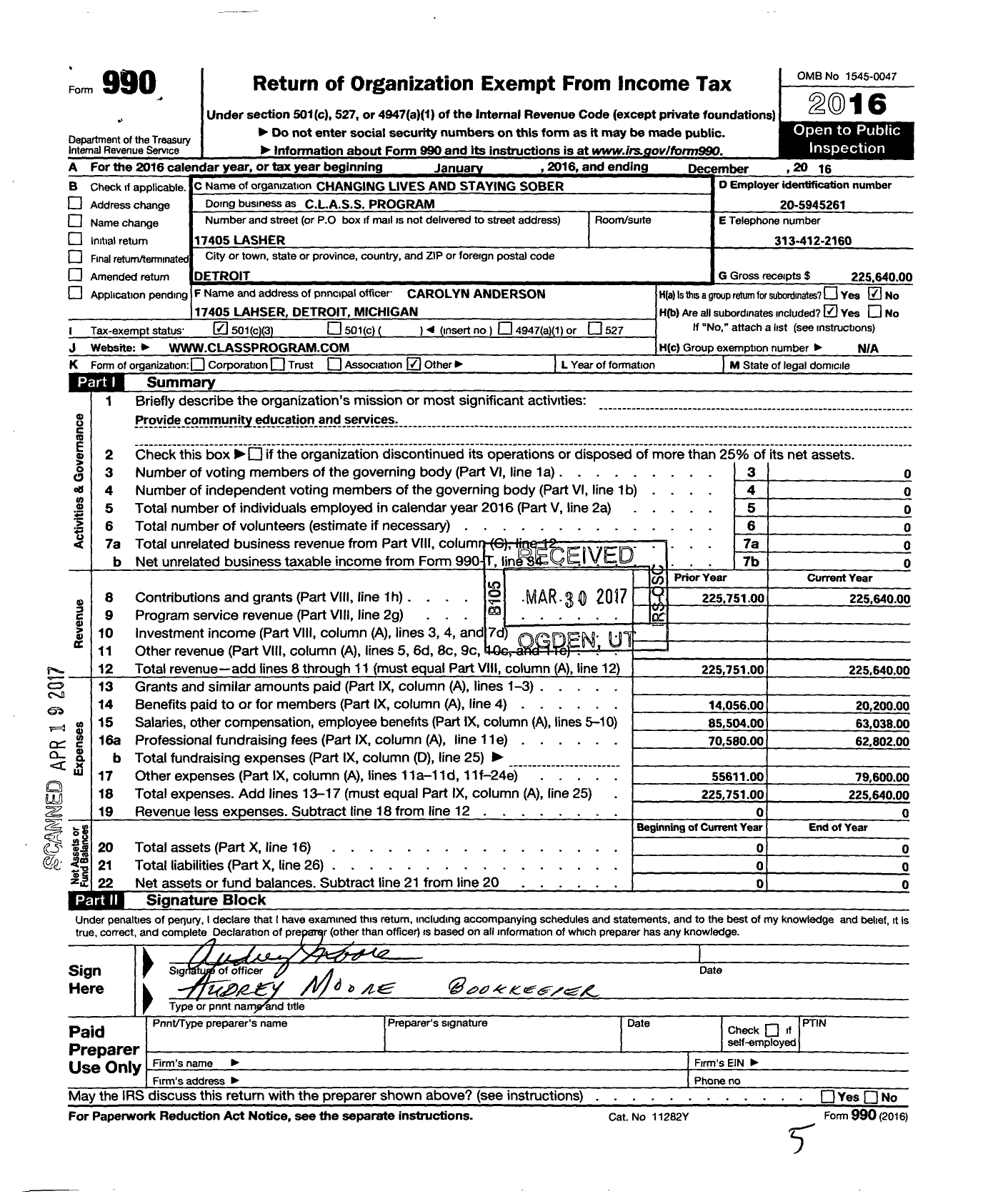 Image of first page of 2016 Form 990 for CLASS Changing Lives and Staying Sober