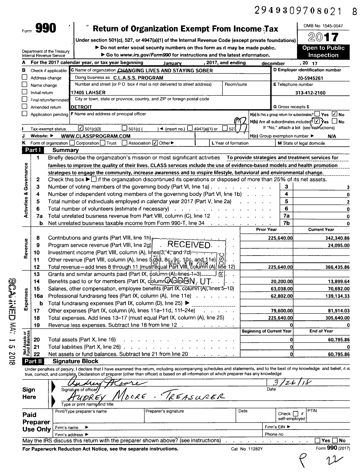 Image of first page of 2017 Form 990 for CLASS Changing Lives and Staying Sober