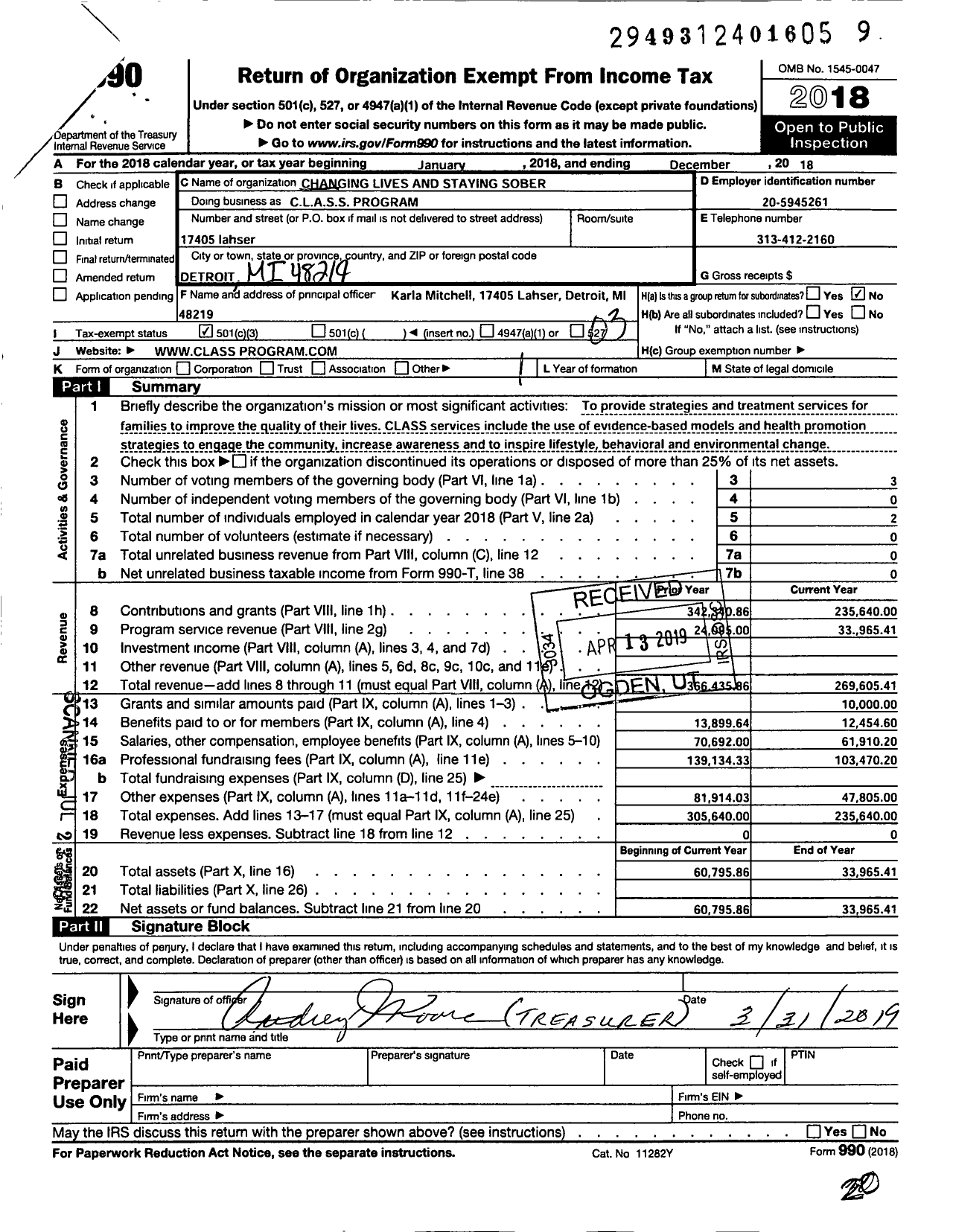 Image of first page of 2018 Form 990 for CLASS Changing Lives and Staying Sober