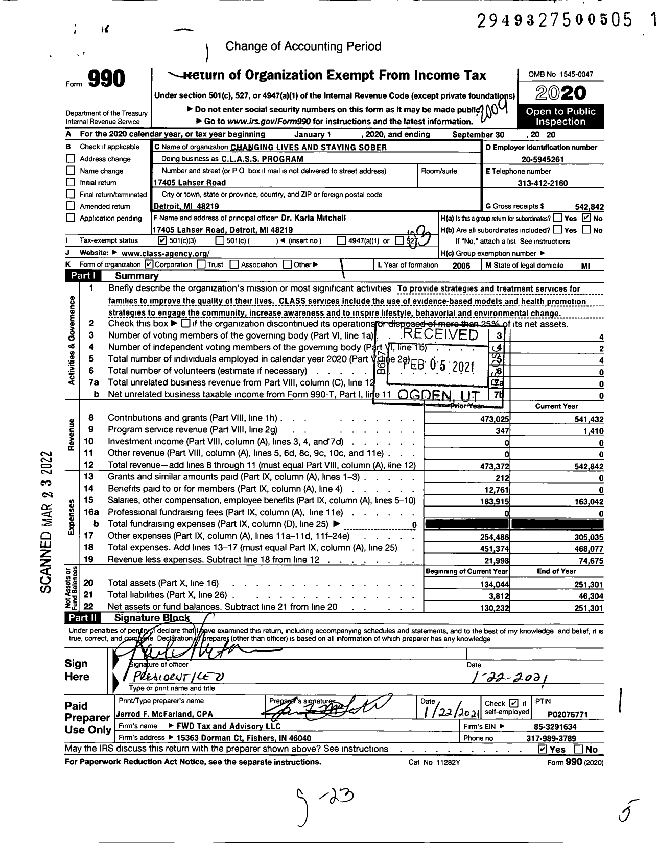 Image of first page of 2019 Form 990 for CLASS Changing Lives and Staying Sober